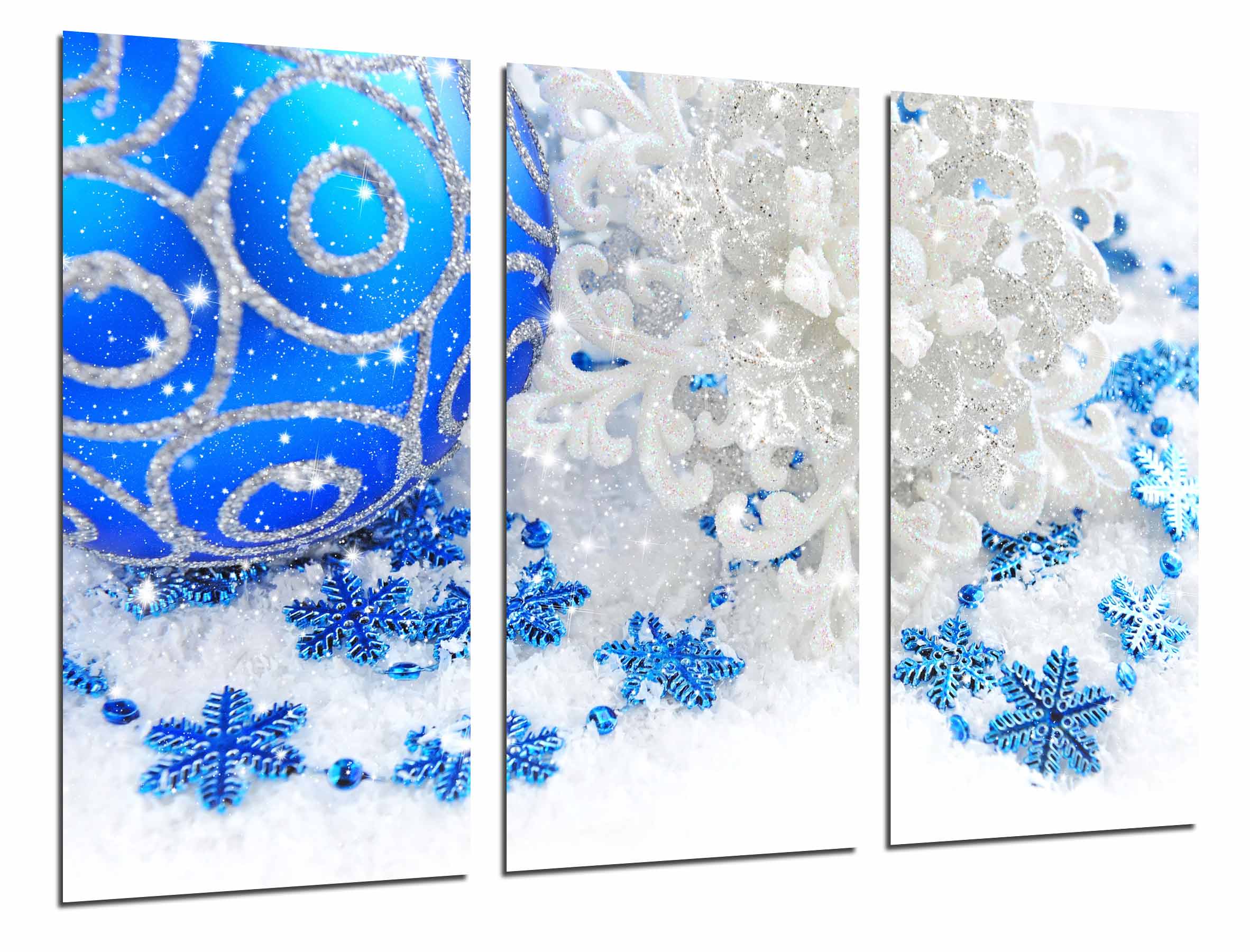 Decoracion navidad fondo nevado, bola y copo azul, impresión fotográfica sobre madera, cuadro moderno decorativo