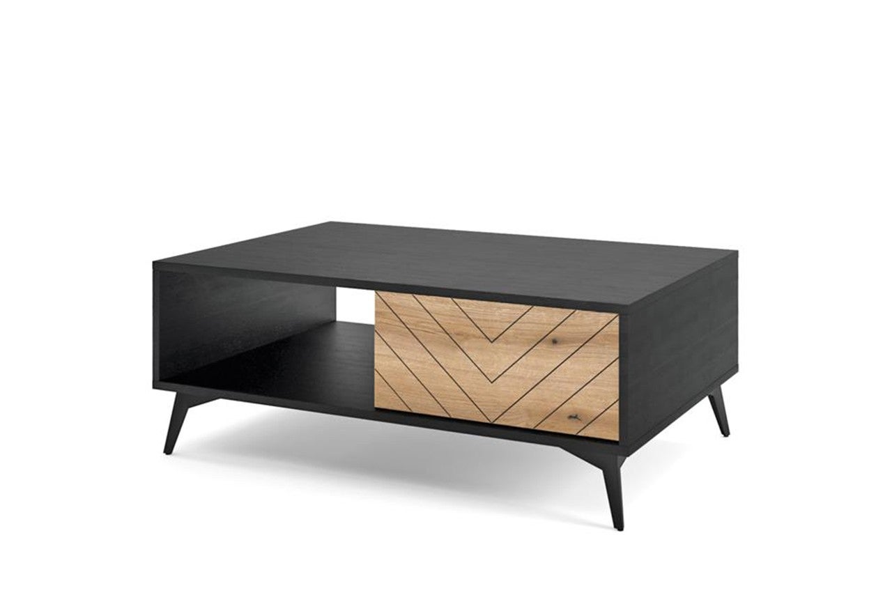 Stolik kawowy DIAMOND 104 cm – Dąb Evoke i Czarny Mat, 2 szuflady, jodełka