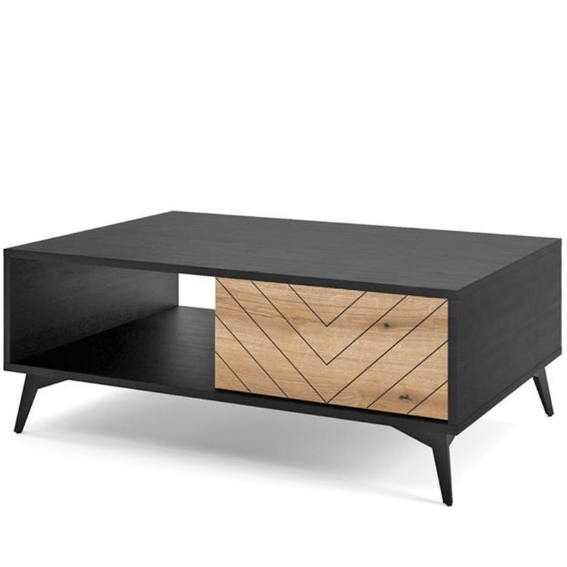 Stolik kawowy DIAMOND 104 cm – Dąb Evoke i Czarny Mat, 2 szuflady, jodełka
