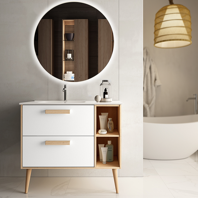 Meuble de salle de bain vasque déportée - 2 tiroirs - MALIA et miroir rond Led SOLEN - blanc - 80cm