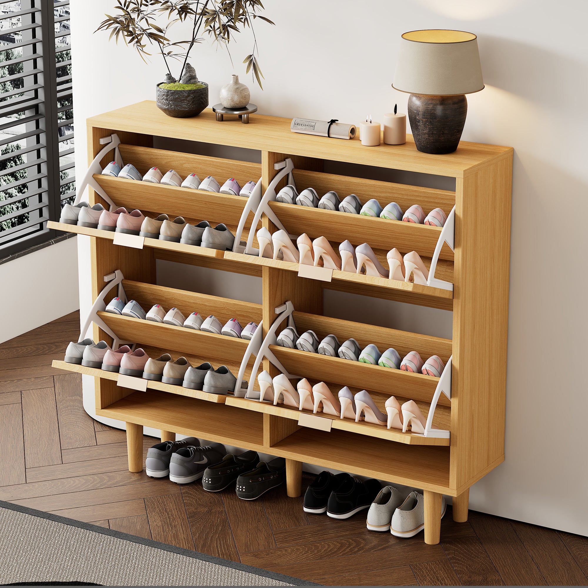 Meuble à chaussures avec 4 portes abatantes en rotin - 100 x 25 x 90 cm - Panneau de particules - Chêne clair - 6