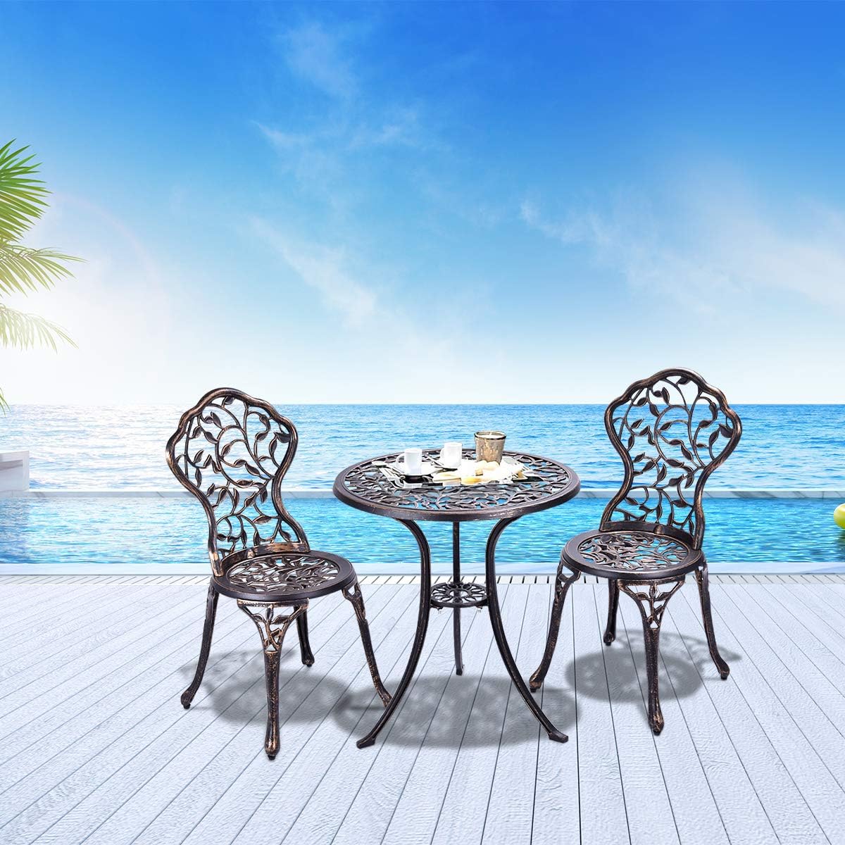 Ensemble de Bistrot pour Jardin de 3 Pièces en Fonte Aluminium avec 2 Chaises et 1 Table Ronde et Terasse, Ensemble Table et Chaise en Métal - 2