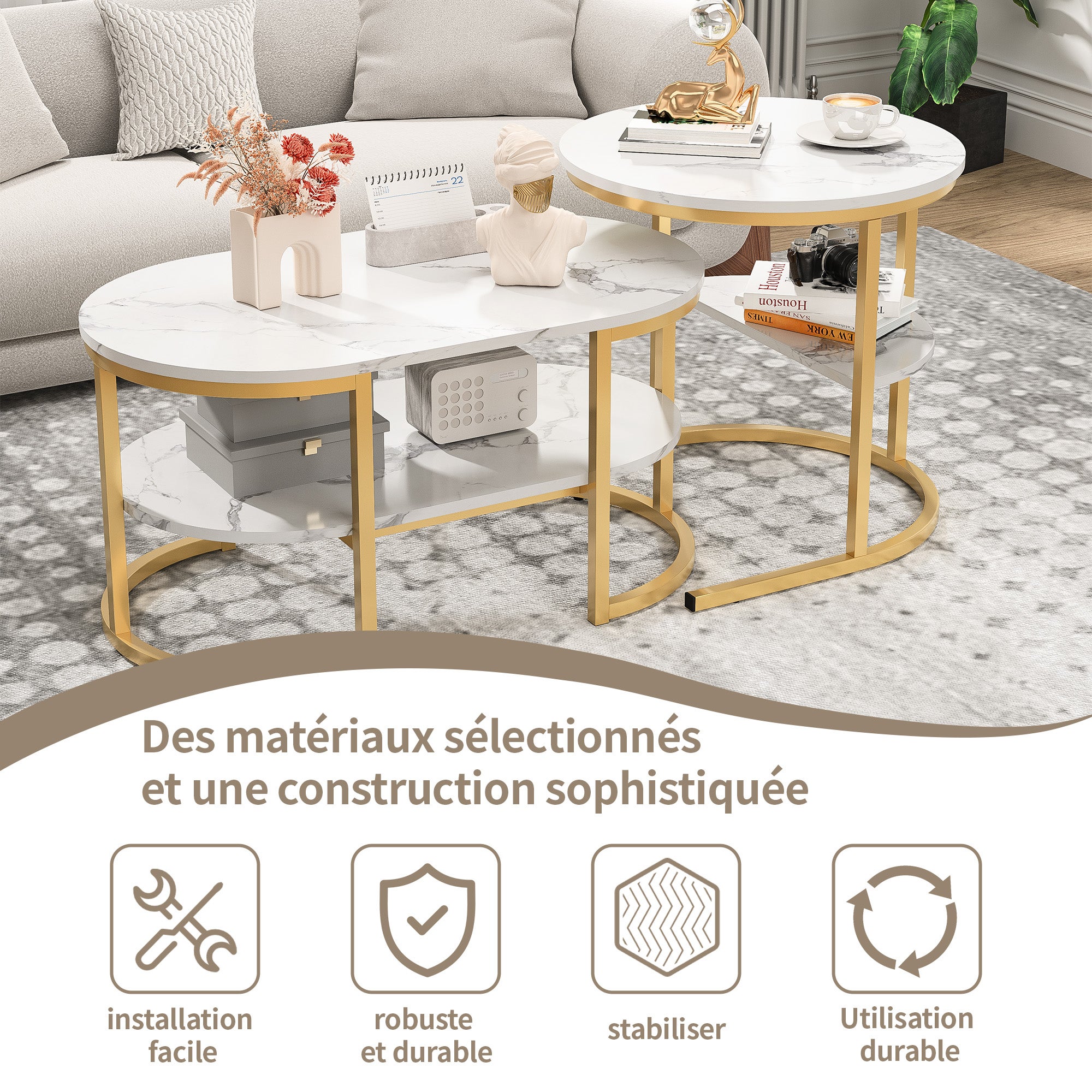 Lot 2 Tables basses gigognes ovale/ronde, 2 étagères, bois effet marbre, métal doré, scandinave, Blanc - 6