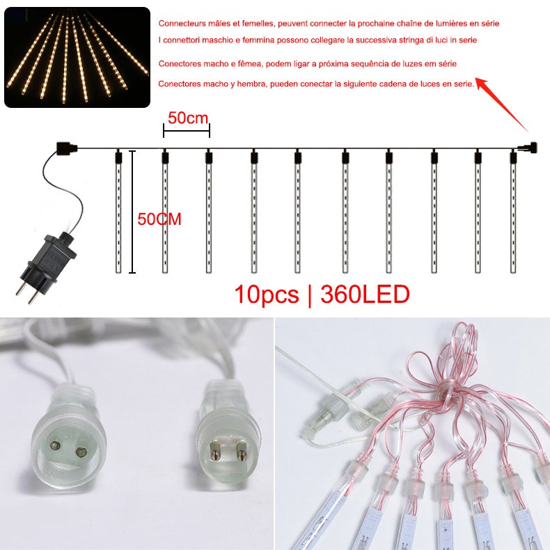 Luces navideñas para exteriores, 360 luces LED de lluvia de meteoritos, decoraciones navideñas, luces de hadas navideñas (10 tubos - 50 cm) - 2