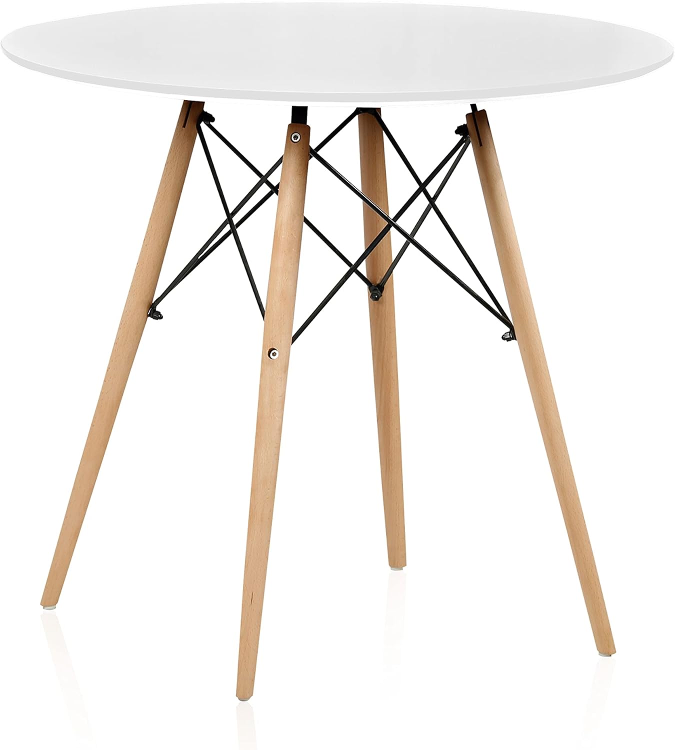 Mesa de jantar ou de cozinha redonda com pernas de madeira e tampo branco - 80 cm de diâmetro e 75 cm de altura.