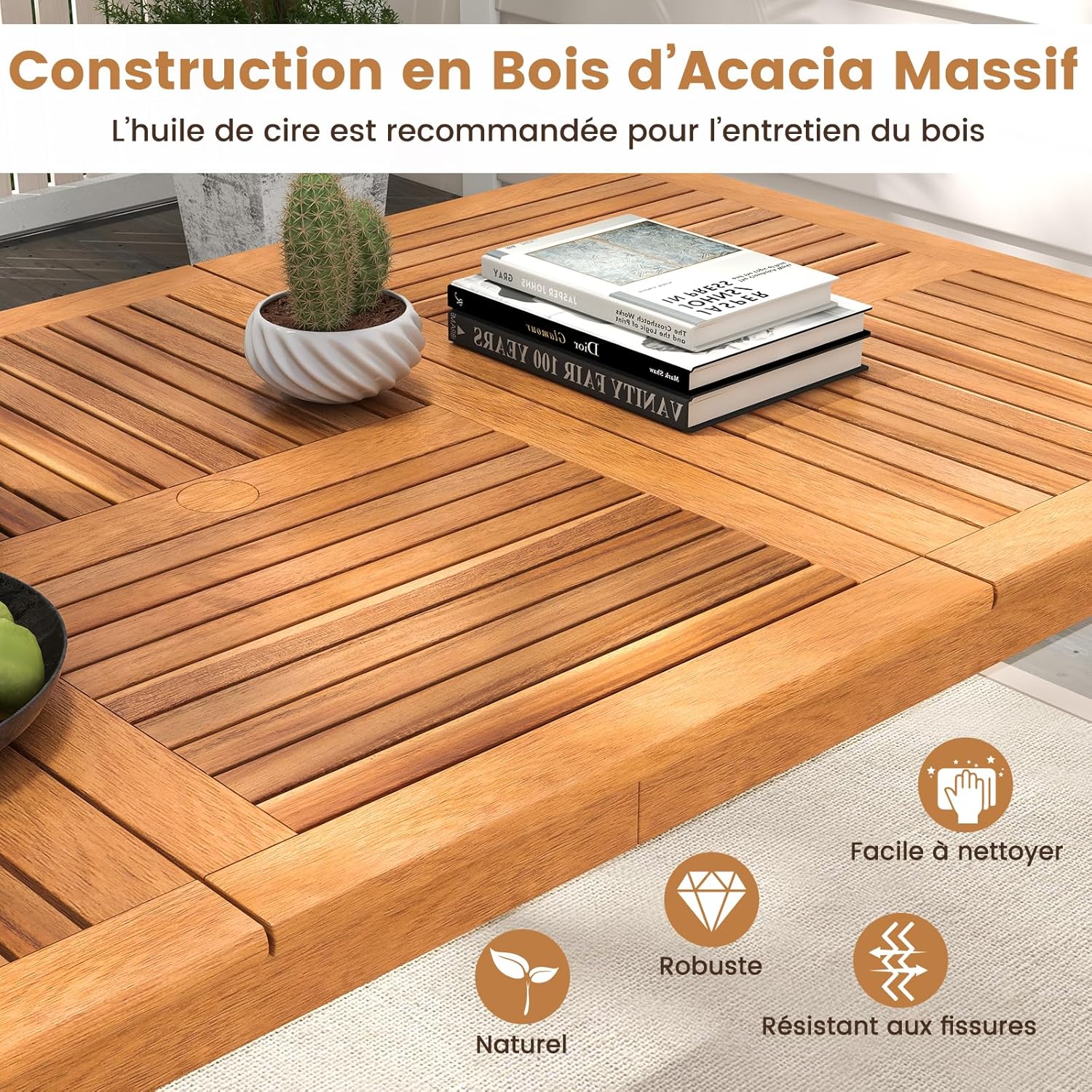 Table de Salle à Manger Extérieur en Bois d'Acacia-FSC 90x200CM pour 8 Personnes,Table Salon de Jardin avec Trou Parasol Intégré, Charge 160KG - 6