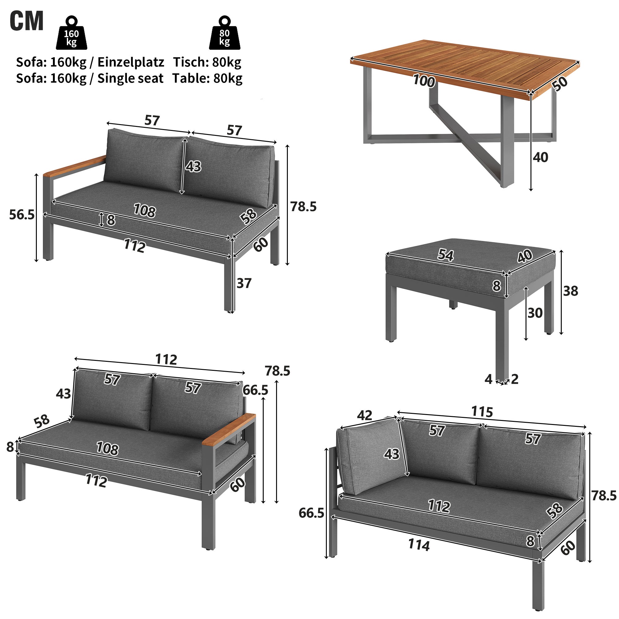 Mobiliario de jardín modular en hierro galvanizado: 3 sofás de 2 plazas + 2 bancos + 1 mesa de centro - Gris - 4