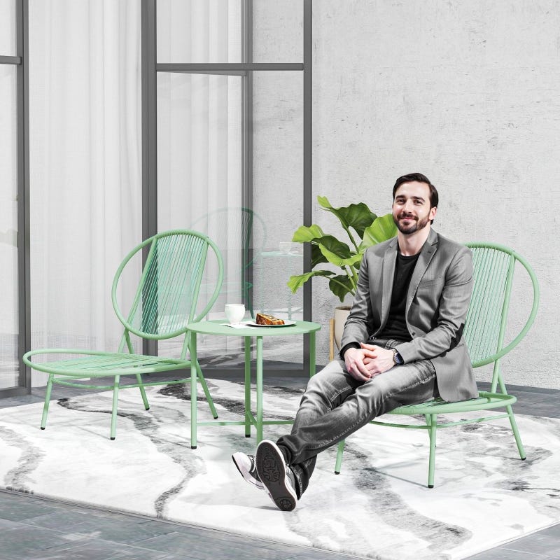 Set bistrot pezzi verde da giardino in acciaio, tavolo tondo e