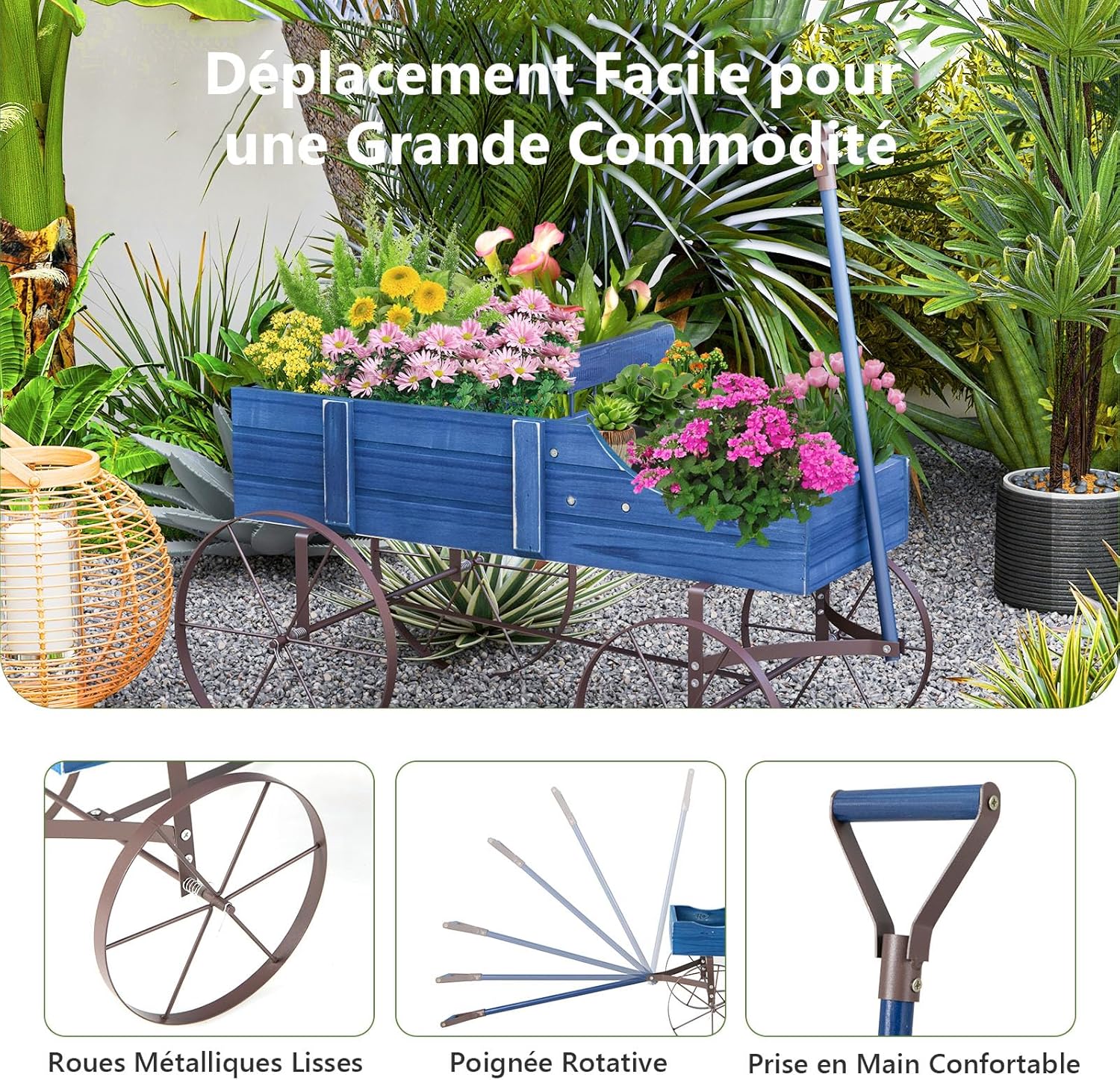 Jardinière Forme Brouette, Brouette Décorative en Bois avec 4 Roues en Métal, 2 Bac de Plantation Séparés avec Trous de Drainage, 35×62,5×60cm (Bleu) - 6
