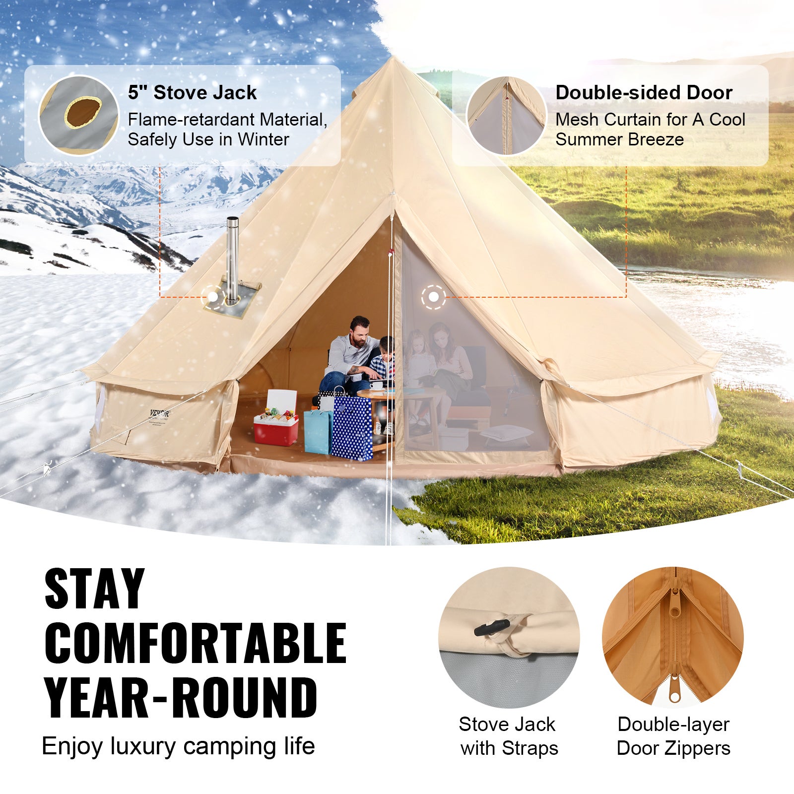 Tente Cloche en Toile VEVOR 3 m Tente de Yourte 4 Saisons Tente de Camping Familial avec Trou de Poêle à Bois, Sacs pour Glamping Jusqu'à 4 Personnes - 3