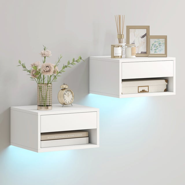HOMCOM Set 2 Comodini Sospesi con LED RGB Integrati e Regolabili con APP, Cassetto e Ripiano, 37x32x21 cm, Bianco