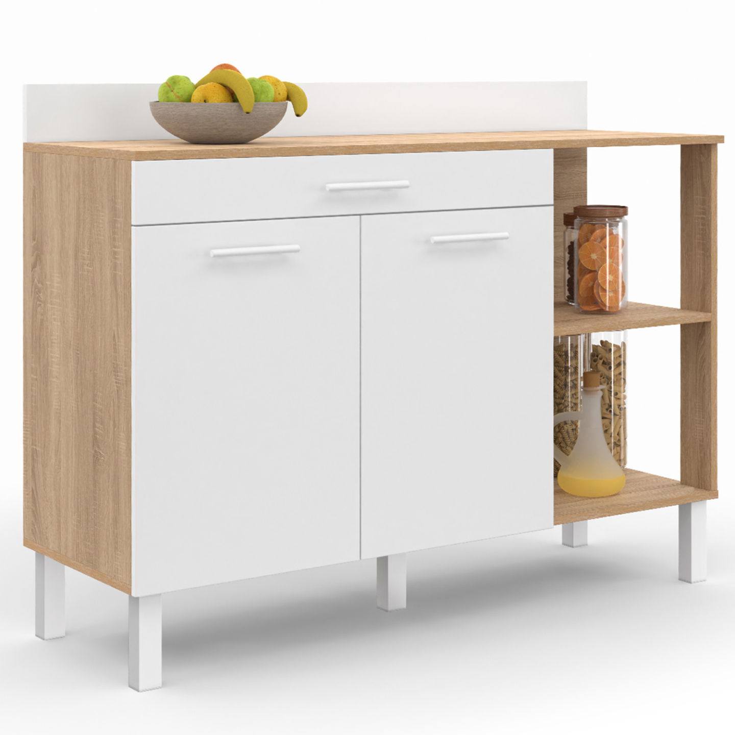 Buffet bas de cuisine 120 cm CINA plan de travail H.83 cm 2 portes + tiroir façon hêtre et blanc - 2