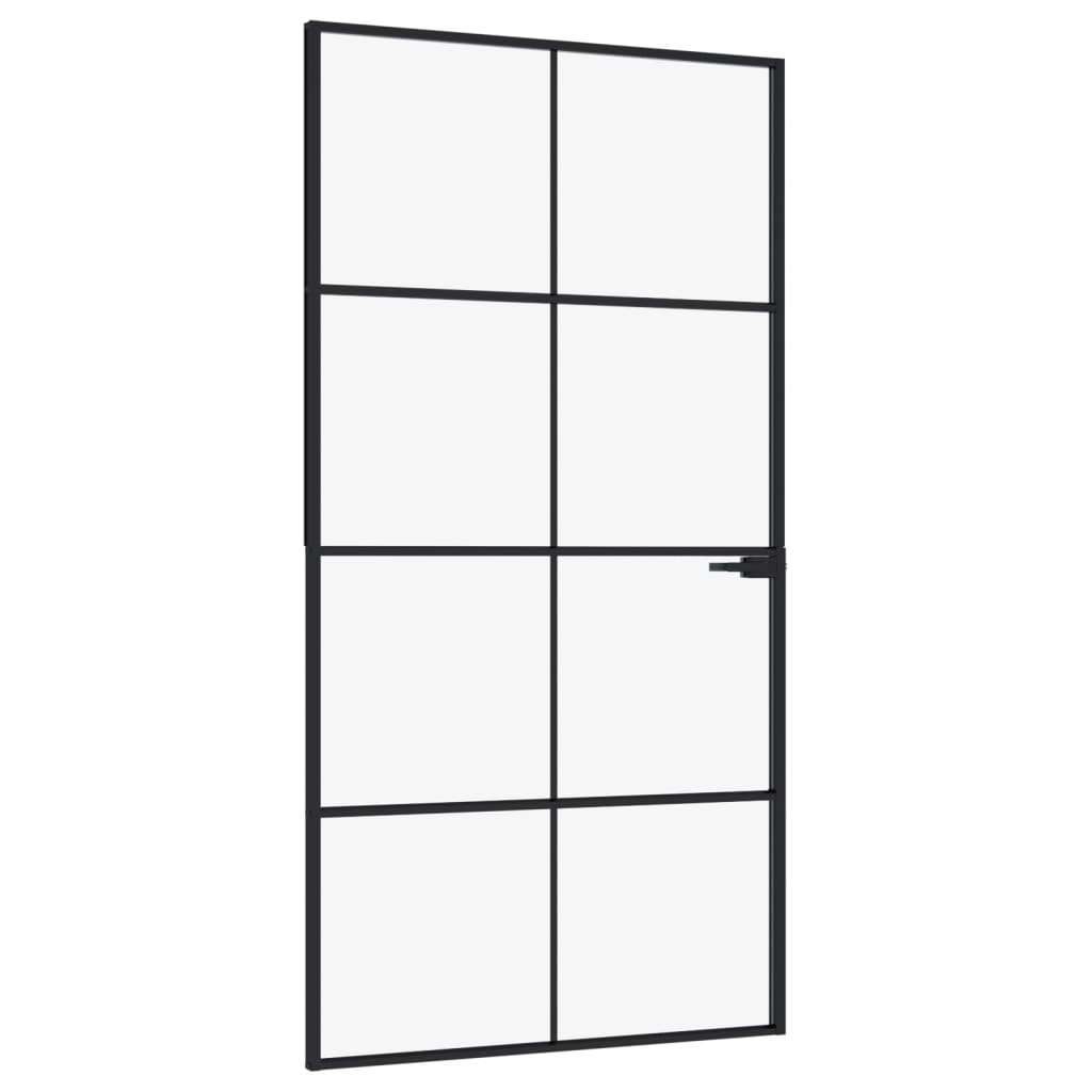 Drzwi wewnętrzne czarne 102x201,5 cm wykonane ze szkła hartowanego i cienkiej aluminiowej ramy, jasne i trwałe