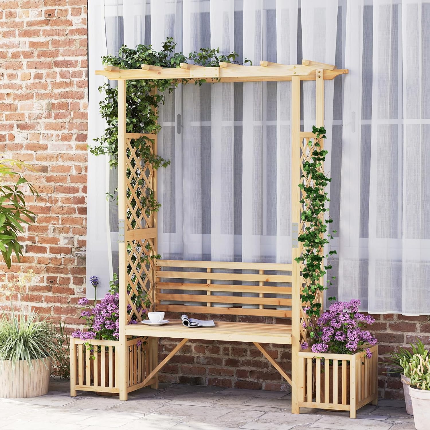 Arche de Jardin avec Jardinière Banc 2 Places à Charge 300 KG, Treillis Latéral pour Plantes Grimpantes Extérieur, pour Terrasse Jardin, Naturel - 2