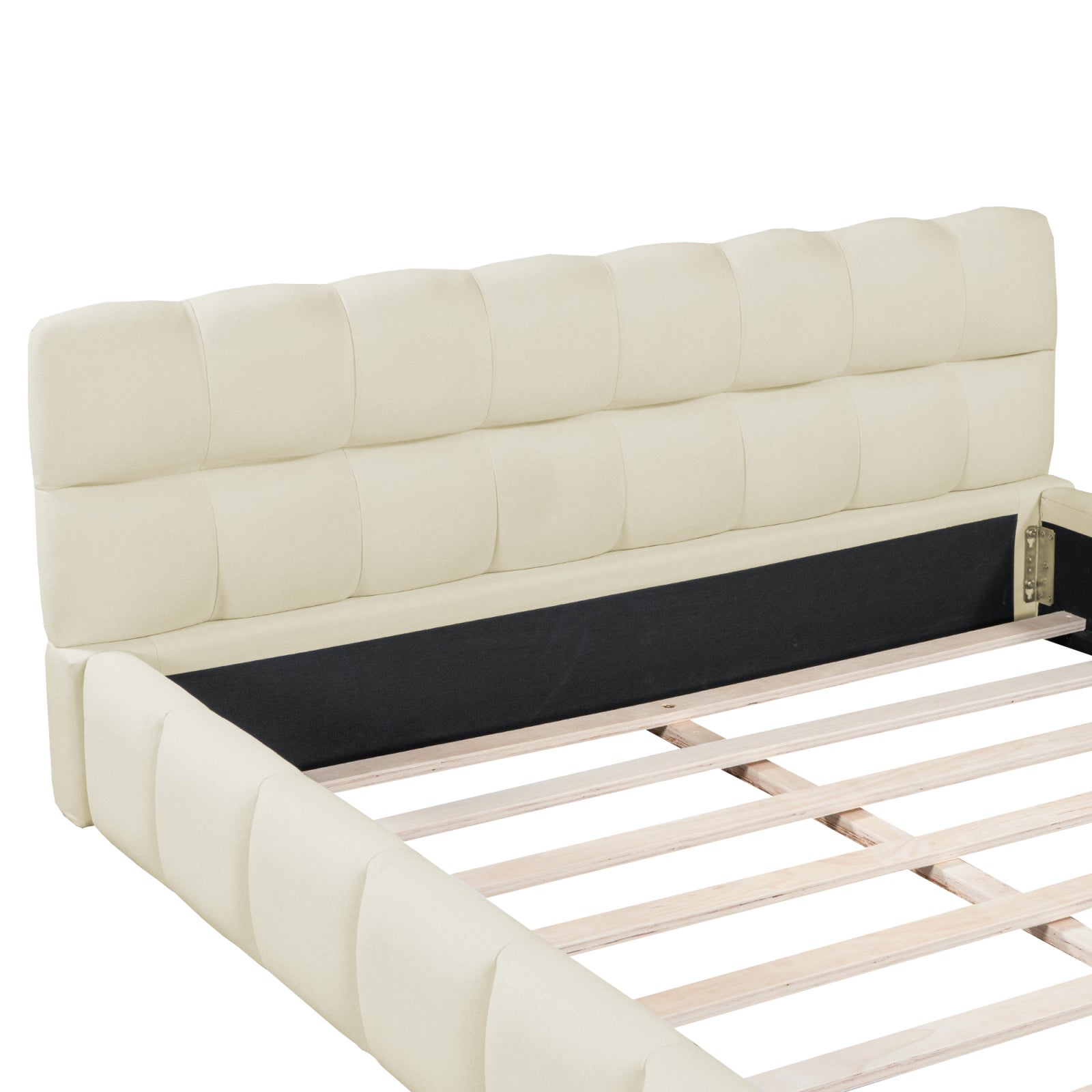 Lit adulte 160x200cm en lin avec dossier moelleux, Lit plat avec sommier à lattes, beige - 7