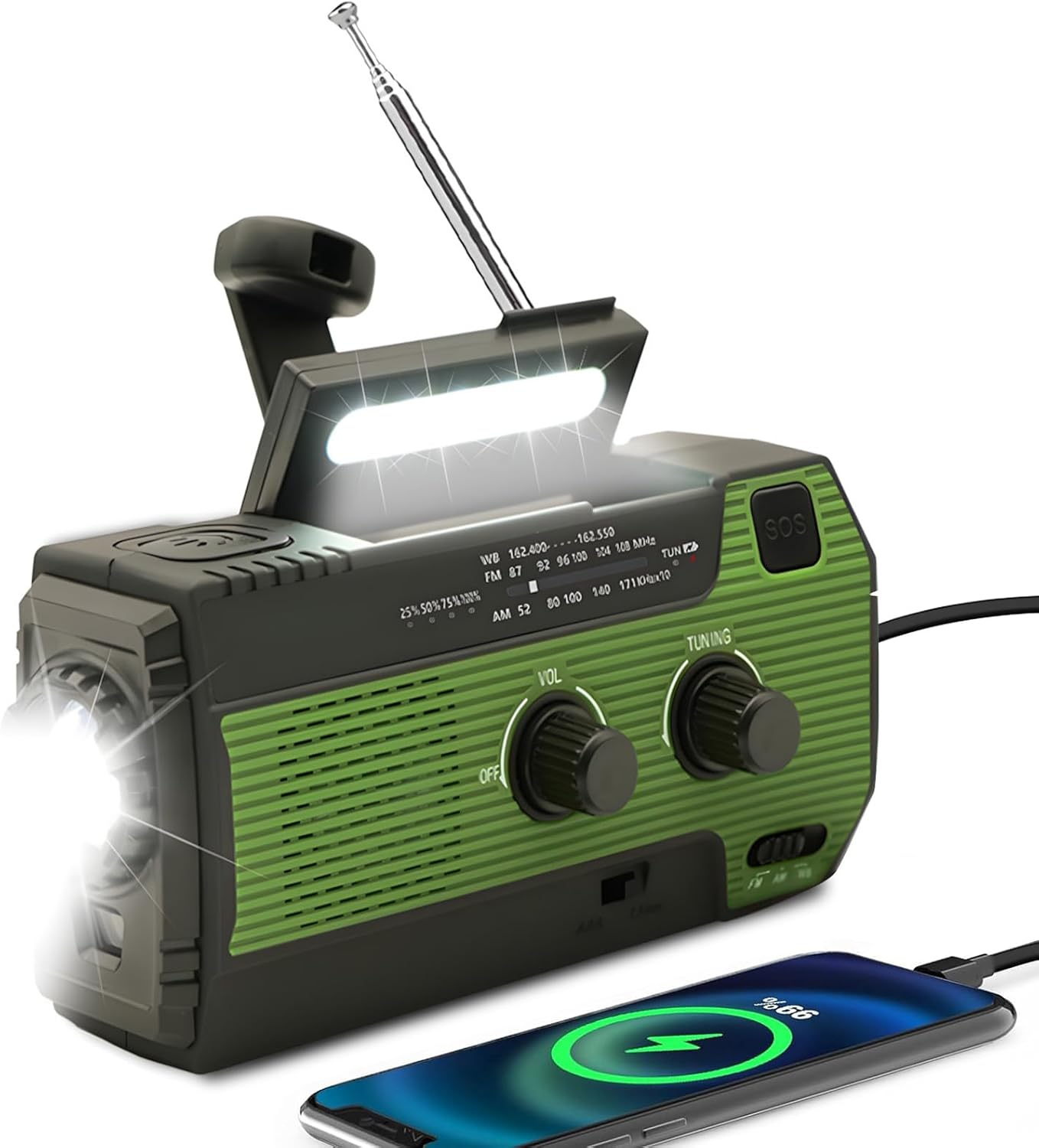 Radio awaryjne z korbką słoneczną, latarką LED, alarmem SOS, radiem pogodowym AM/FM i baterią zapasową 4000 mAh – zielone
