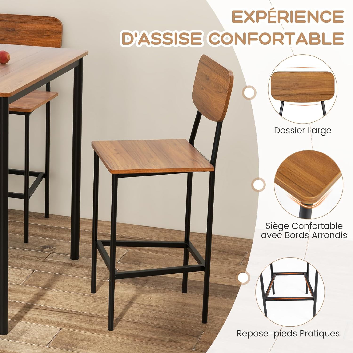 Table et 4 Chaises, Table Haute Cuisine 90 x 90 cm, Tabouret avec Dossier, Mange Debout pour 4 Personnes, Design Compact(Marron Rustique) - 5