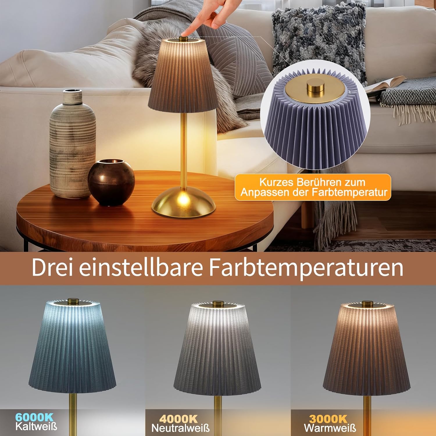 ZMH Zestaw 2 bezprzewodowych lamp stołowych LED z portem USB, 3 temperatury barwowe (zielona) - 6
