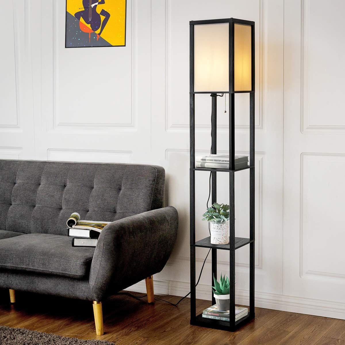 Lampadaire Interieur 1,6M avec Tablettes de Rangement a 3 Niveaux, Lampe sur Pied, Abat-jour en Tissu, Ampoule E27+60W(NON Inclue) (Noir) - 5