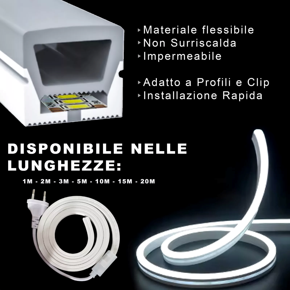 Striscia LED SMD 2835 120D Impermeabile IP65 220V per Profili da 10mm Flessibile Resistente potente per Interni ed Esterni BIANCO NATURALE 4000K 5MT - 5