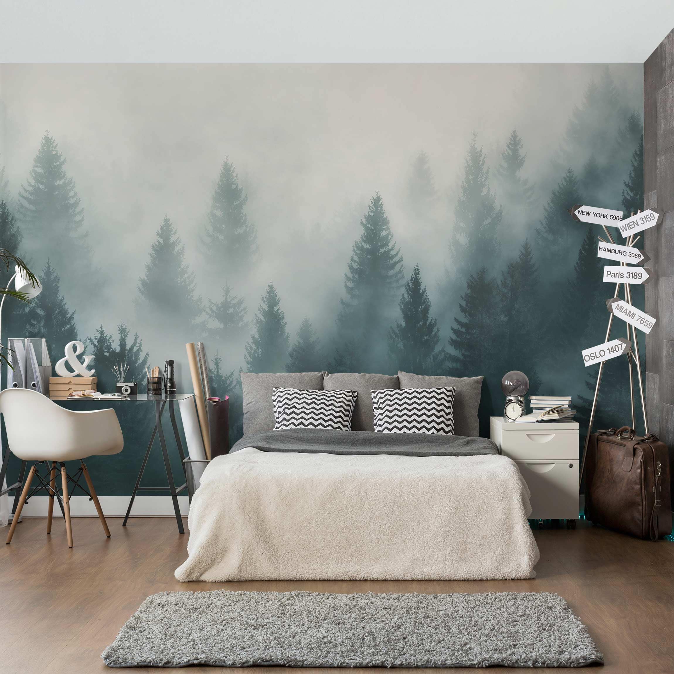 Papel pintado fotomural naturaleza bosque de coníferas en la niebla 229 - salón dormitorio cocina - tnt 432 x 290 cm adhesivo