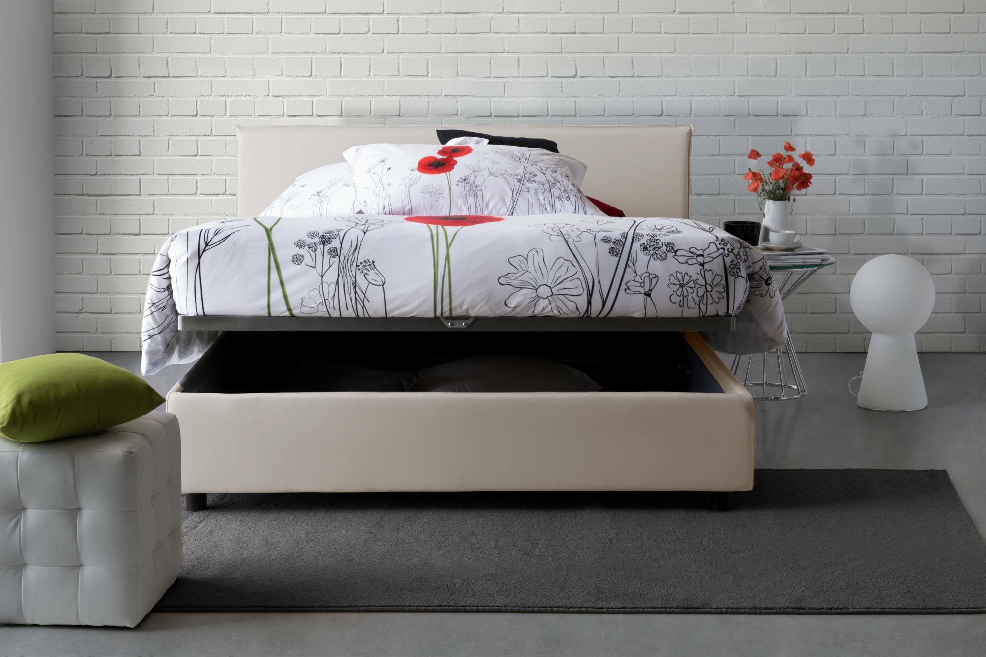 Lit double Beata, Lit coffre en tissu, Ouverture frontale, Avec matelas 140x190 cm inclus, 100% Made in Italy, Beige - 4
