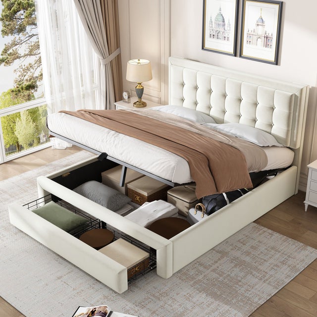 Cama hidráulica estofada 140*190, com base e cabeceira de ripas, com 2 gavetas, veludo, bege