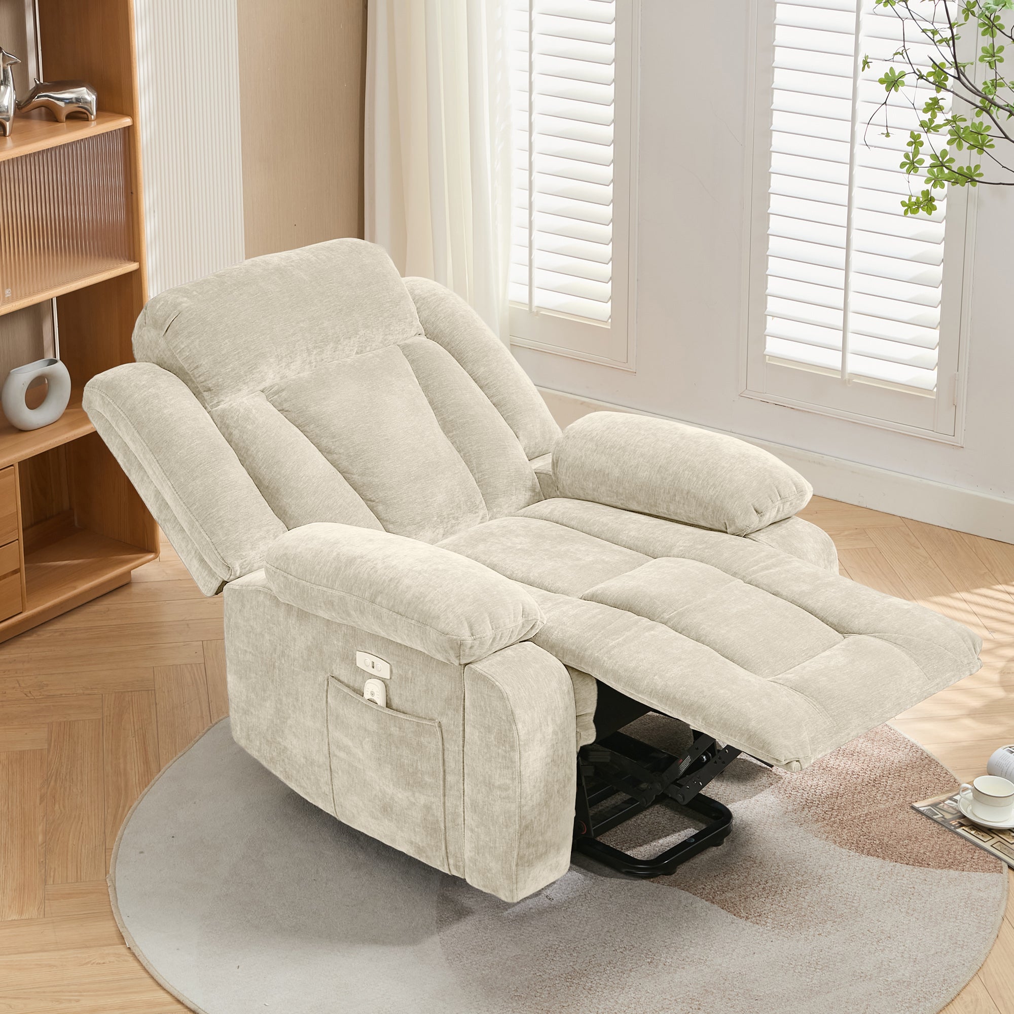 Fauteuil de massage électrique inclinable avec massage 8 points et fonction chauffante - 95 x 94 x 107 cm - Prise USB - Tissu en chenille - Beige - 2