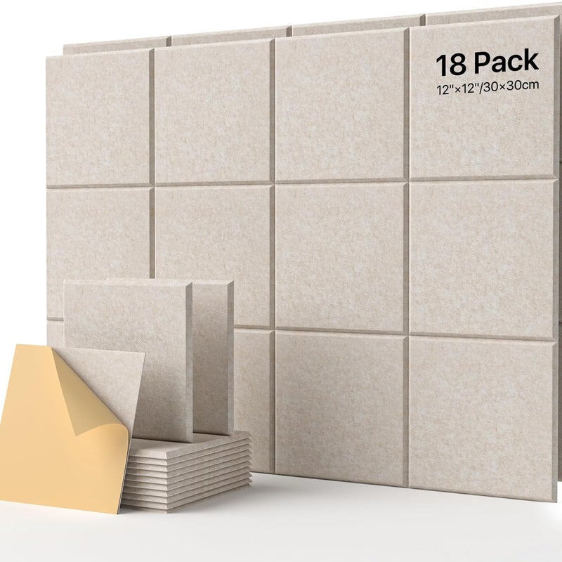 Zestaw 18 dźwiękoszczelnych paneli ściennych, wykonanych z pianki, odpowiednich do studiów nagraniowych, 30 cm x 30 cm x 1 cm, w kolorze beżowym.