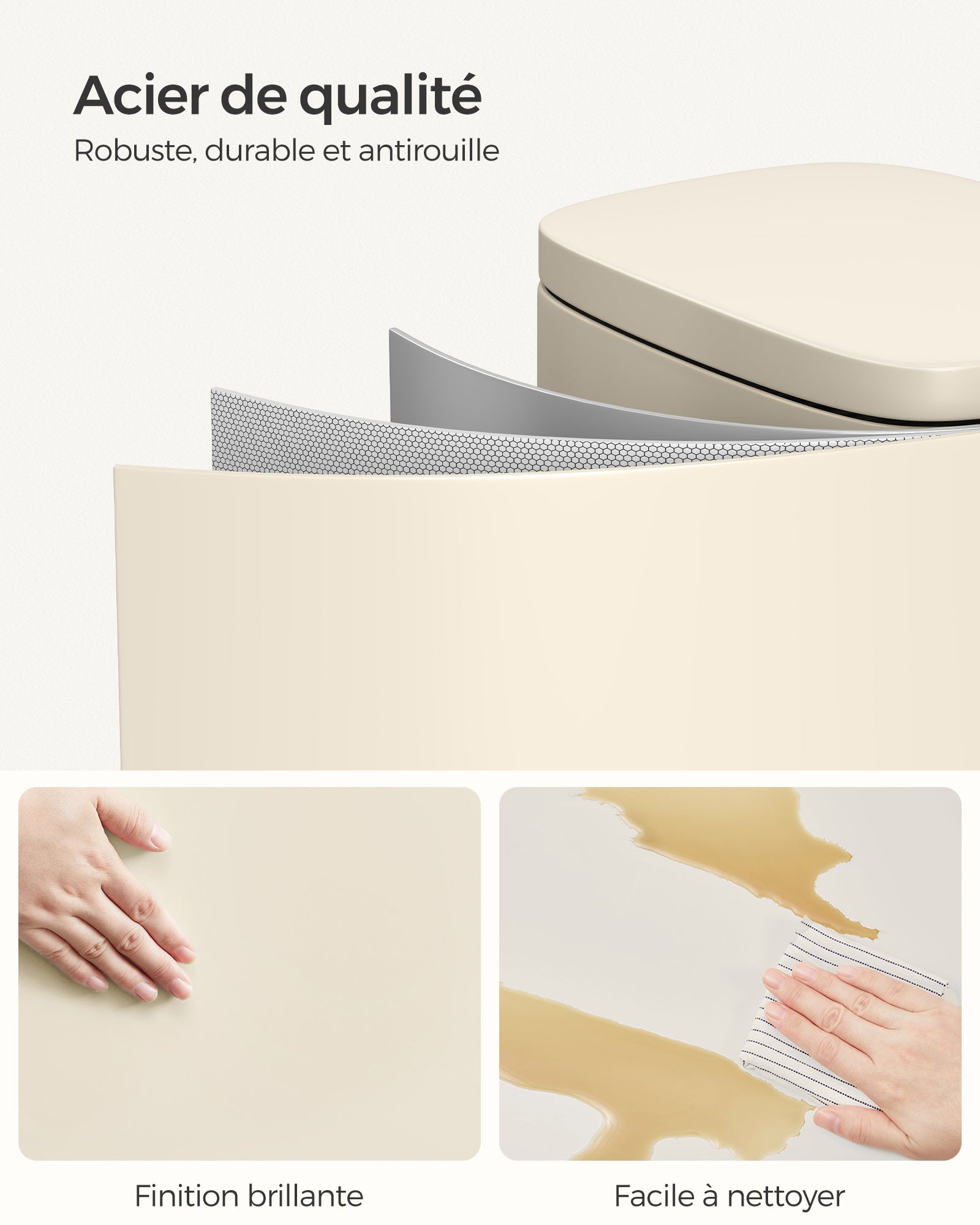 Poubelle Cuisine 30L, Poubelle à Pédale, avec Couvercle à Fermeture en Douceur, Seau Intérieur, en Acier, Beige Sable - 3