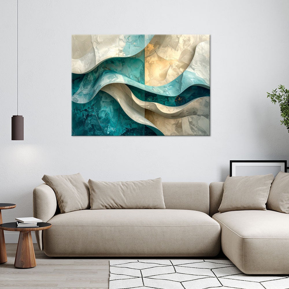Obraz do salonu sypialni biura, Abstrakcyjne fale linie efekt 3d turkus beż 90x60 - 2