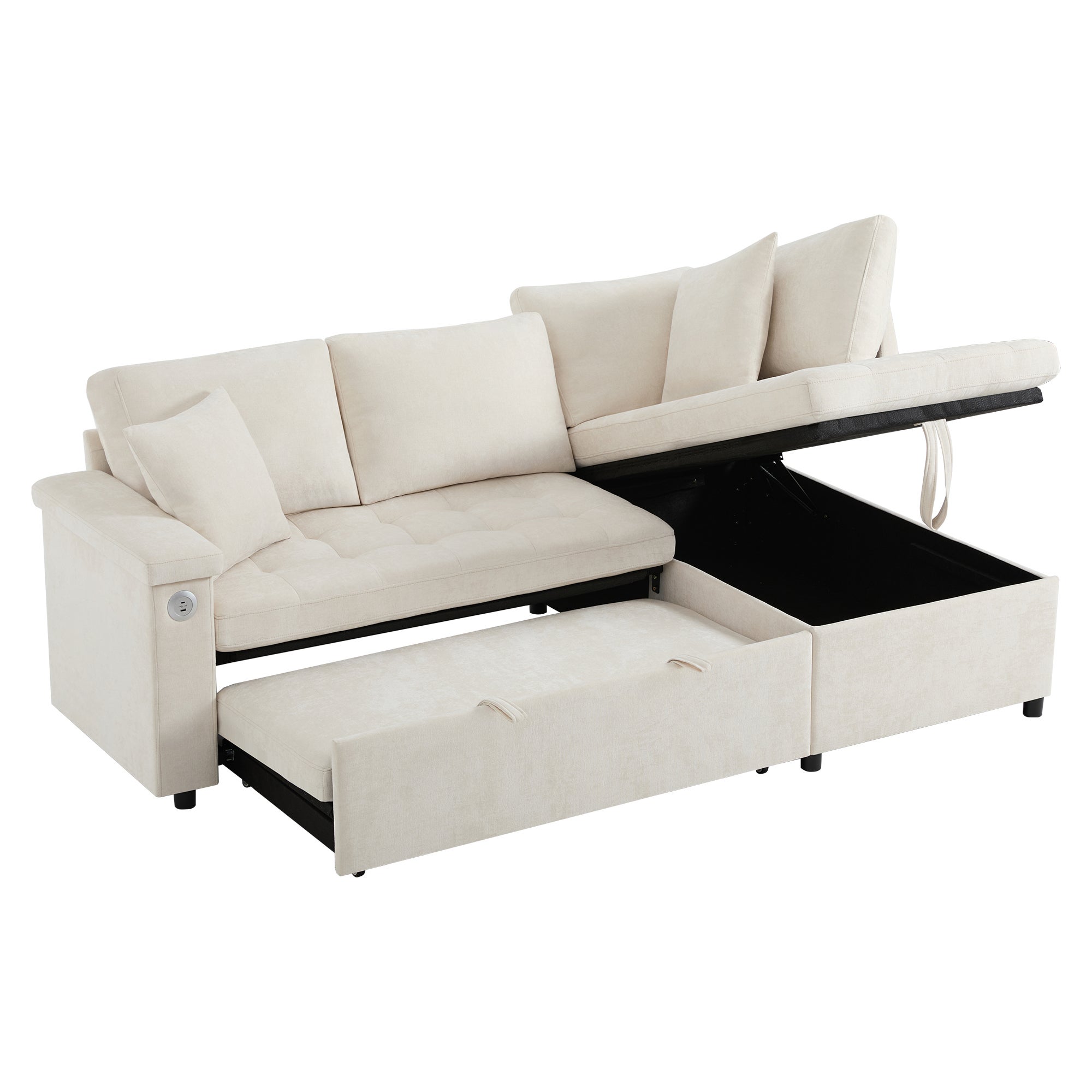 Canapé d'Angle Convertible avec Coffre , Canapé,Lit Moderne 2 à 3 Places avec Port USB, Tissu Chenille Beige - 8