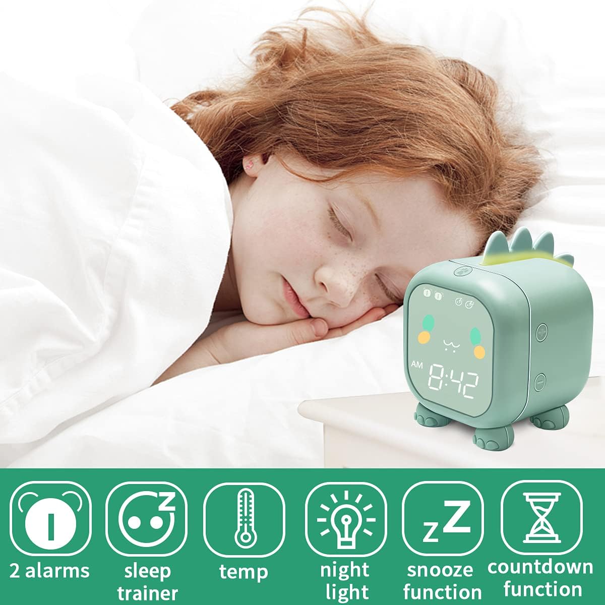 Réveil pour enfants avec dinosaure, réveil numérique pour chambre d'enfant, joli réveil de chevet, aide-sommeil pour enfants, réveil et veilleuse av - 3
