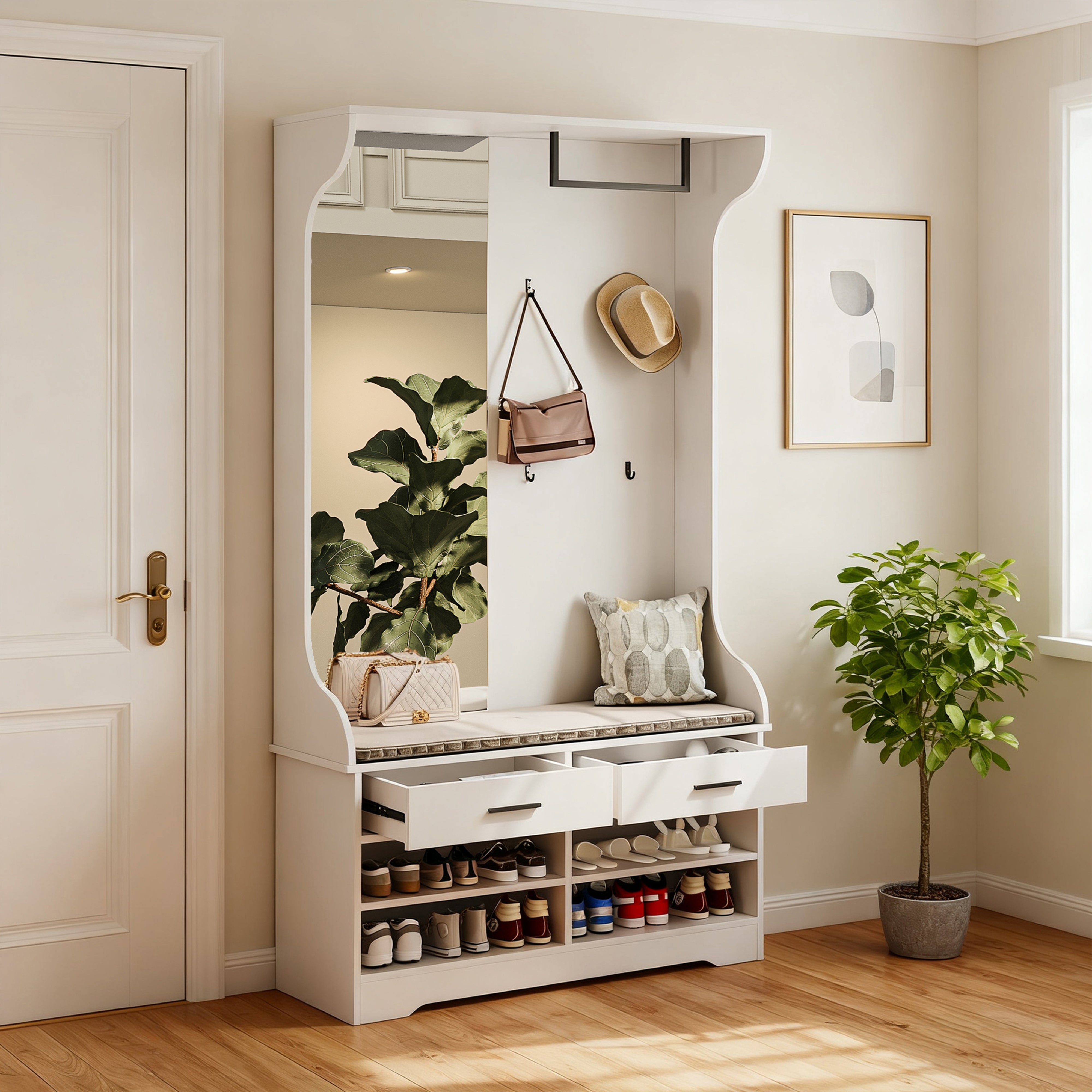 Porte-Manteau avec Miroir, Meuble d’Entrée avec Étagères à Chaussures Vestiaire d'entrée avec Tiroirs et 4 Crochets pour Entrée, Couloir, 104x35x180cm - 6