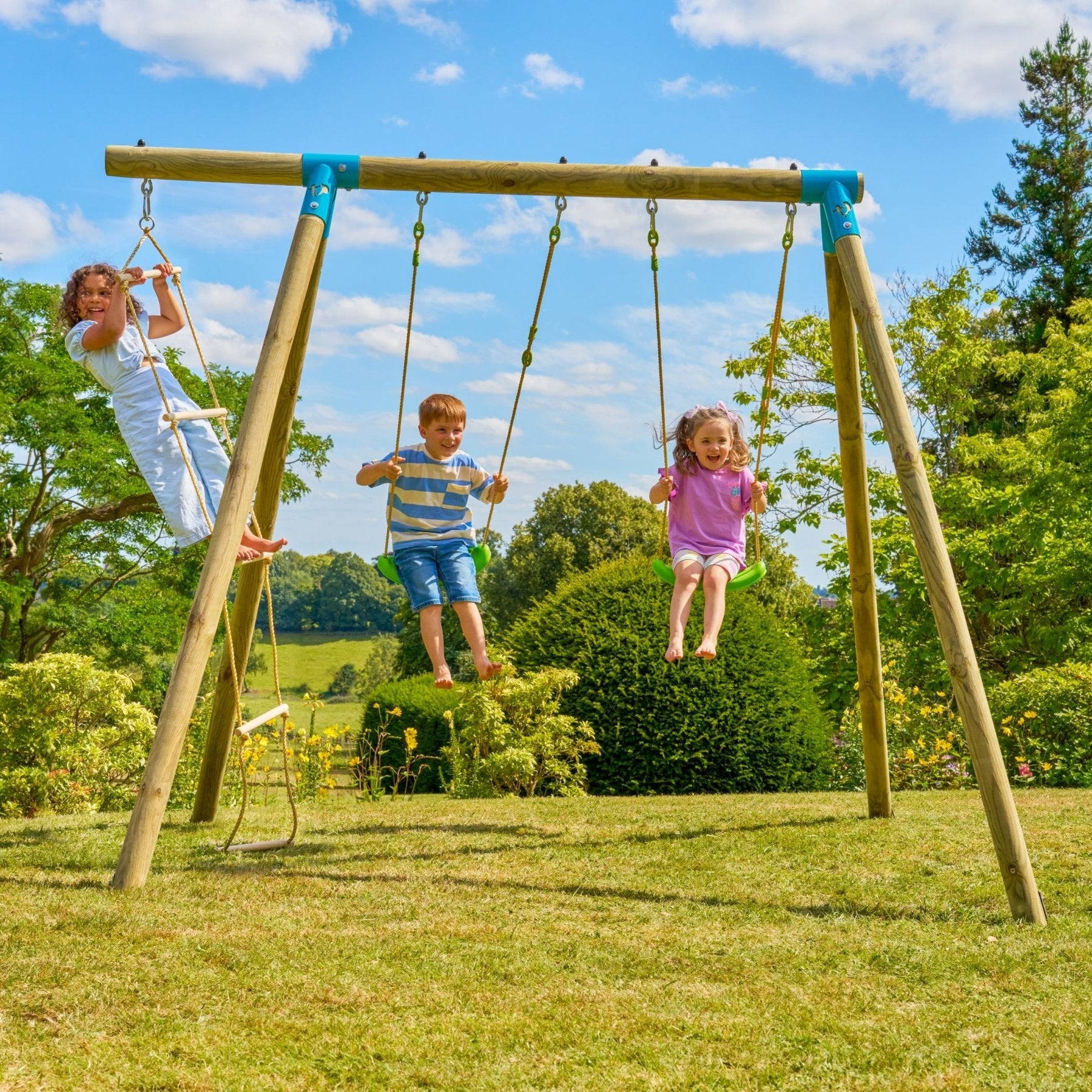 Portique BALANDIER 2 balançoires - échelle corde - kit d'ancrage - bois FSC® h224 cm - 2