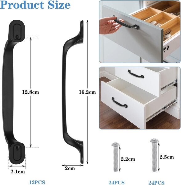Set de 12 mânere moderne negre cu fundă 128 mm, design elegant pentru mânere de bucătărie și dormitor 12buc