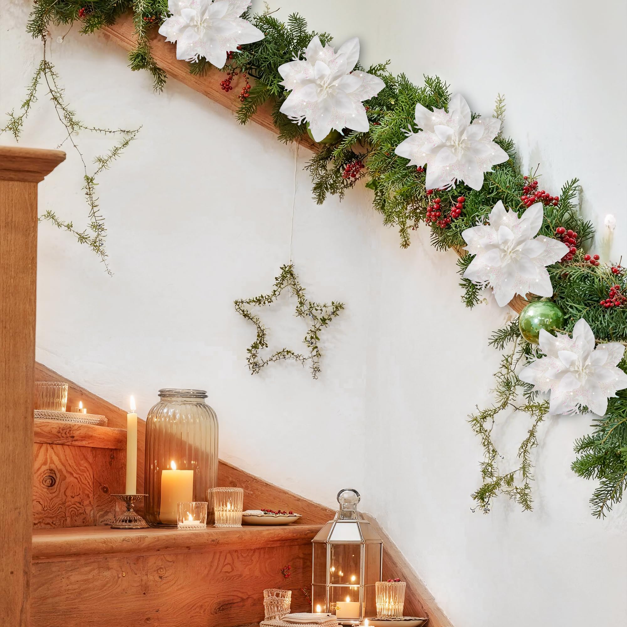 Lot de 10 décorations de Noël, fleurs artificielles scintillantes avec clips, décorations pour sapin de Noël, pendentifs de fleurs artificielles - 7