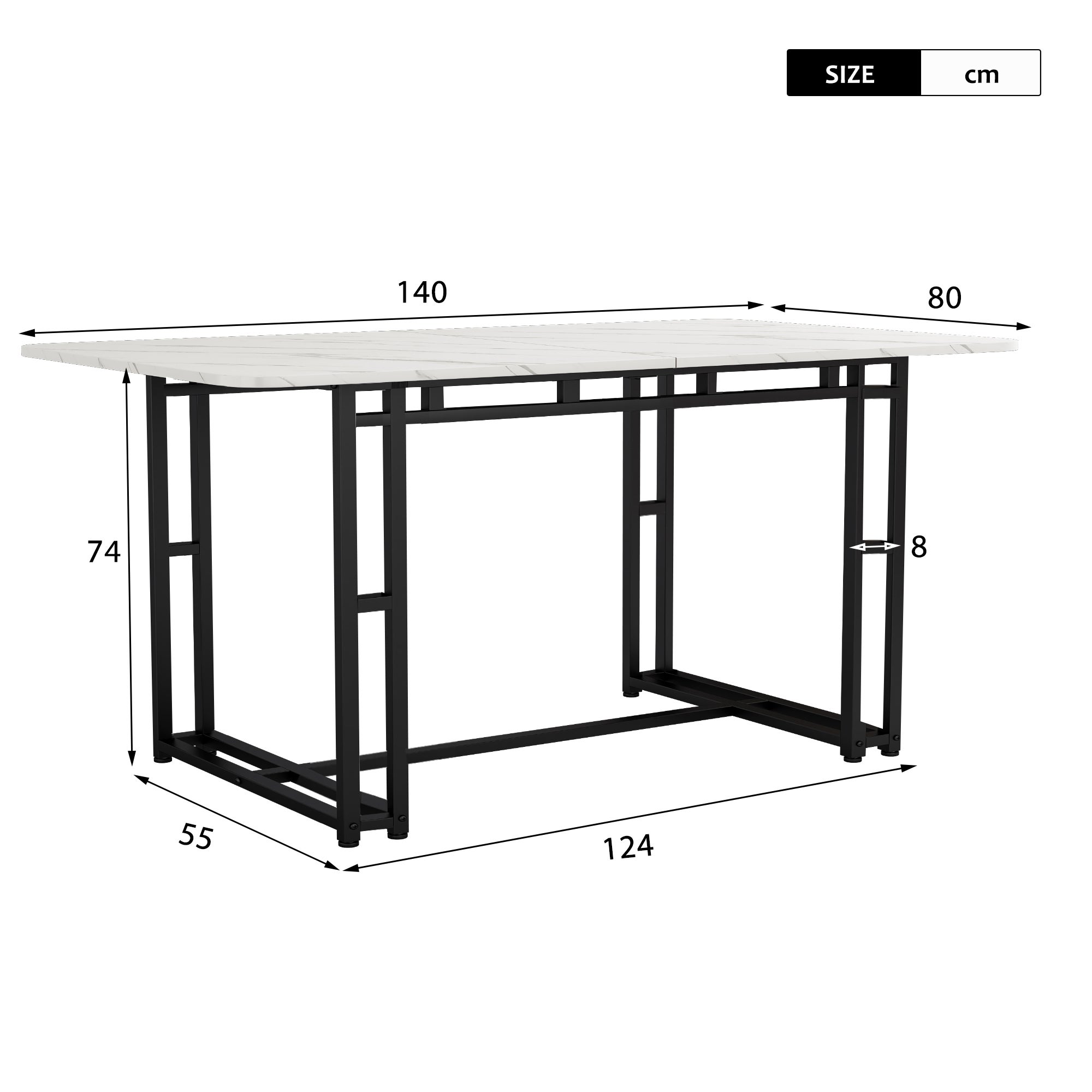 Mesa de comedor para 6 a 8 cubiertos con diseño de mármol - MDF + patas de metal negro - blanco - 6