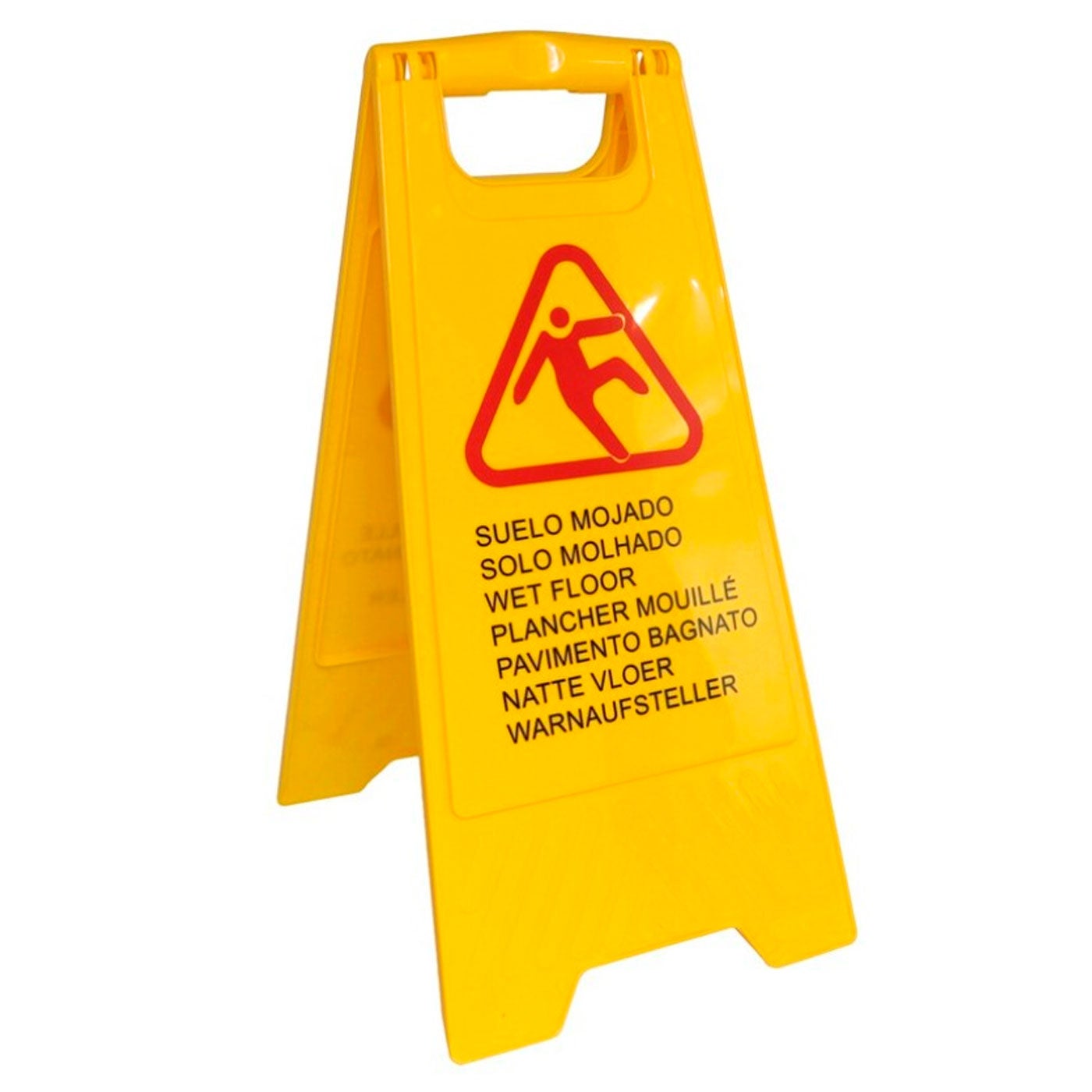 Señal de suelo mojado en varios idiomas, castellano, inglés, dos caras ...