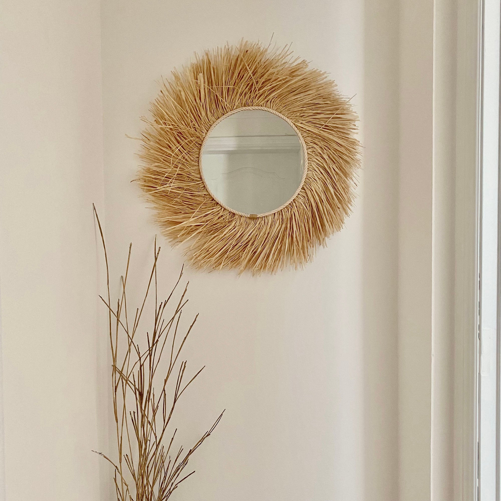 Specchio decorativo da parete in rafia naturale e fibre naturali, vimini - MIRROR RAFFIA TURNED 60cm - 2