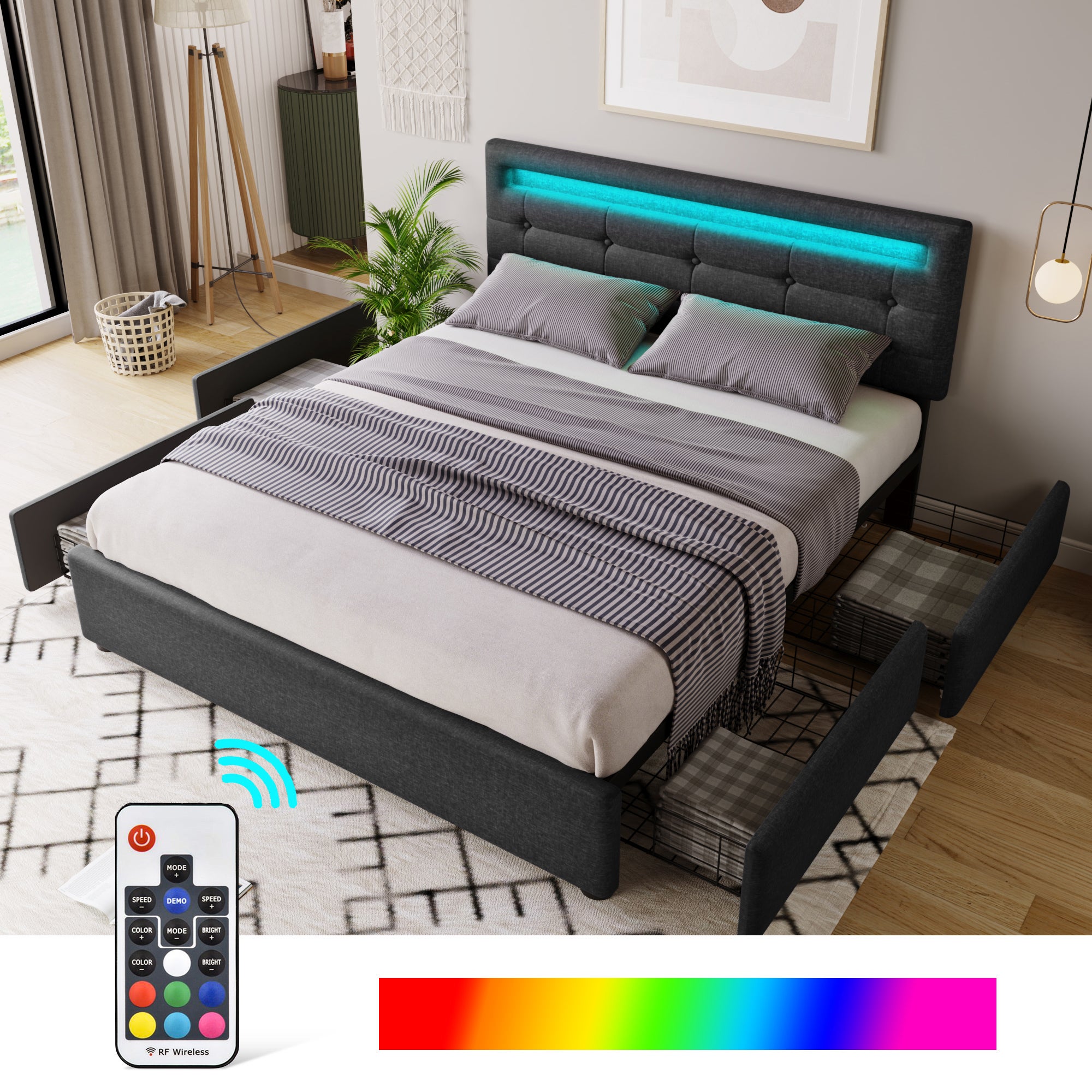 Lit Simple 90x200cm Molblly - Avec Tête De Lit Capitonnée Et Sommier Lattes | Gris Foncé