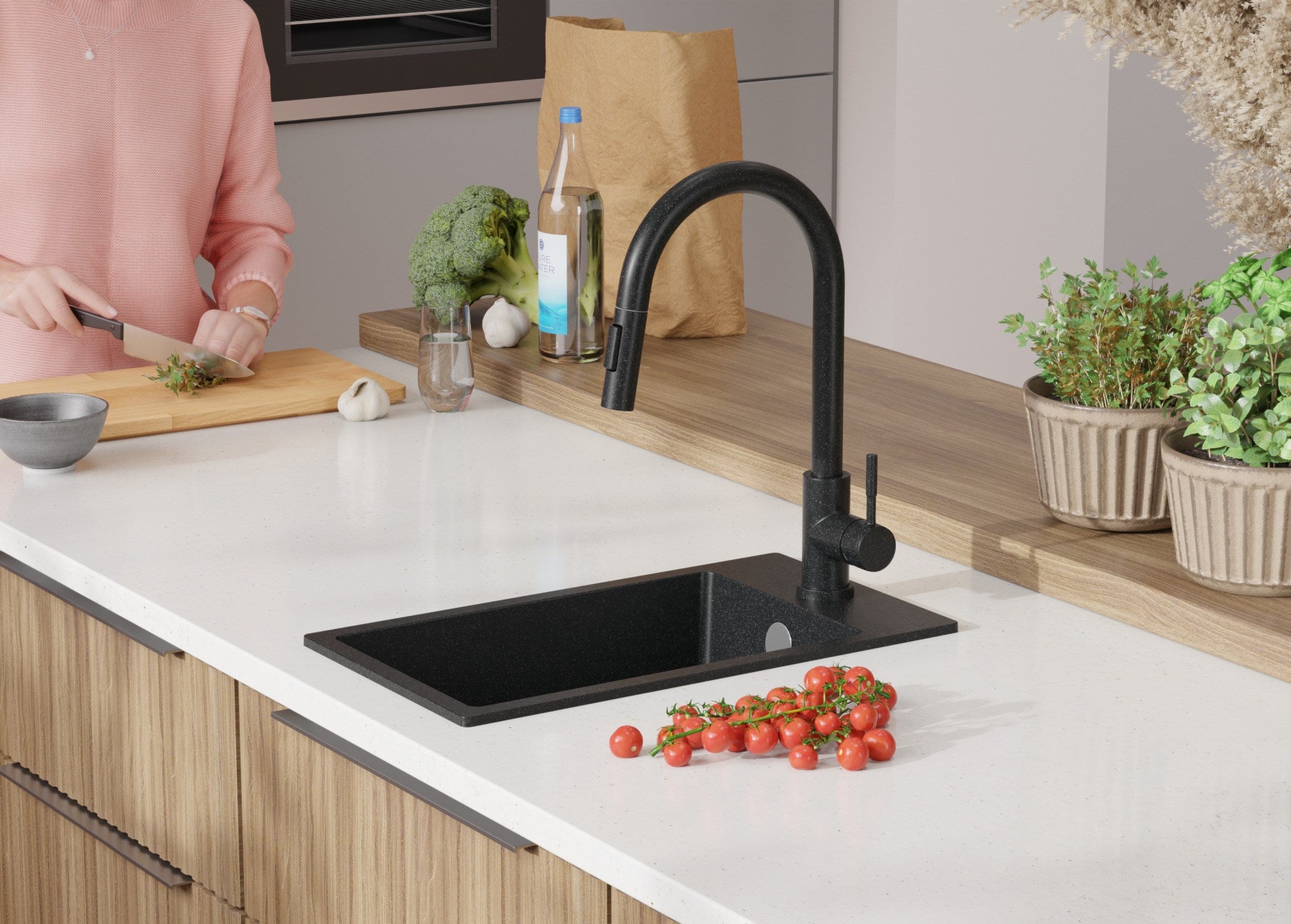 Evier Cuisine en Granit Graphite 28x50cm, Lavabo 1 bac + Kit de Vidage, Évier à Encastrer au meuble 30cm - Riga PRIMAGRAN - 9