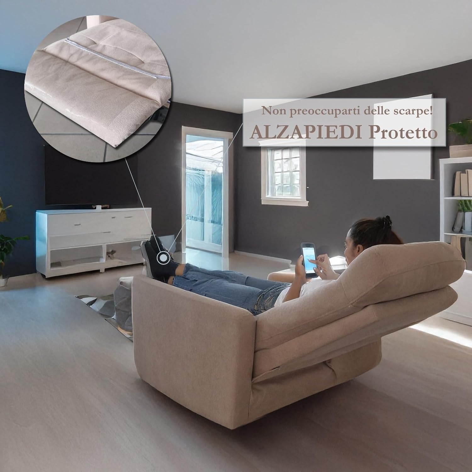 Poltrona Divanetto Relax sofa' Reclinabile con poggiapiedi in tessuto 150° con schienale Facile risalita Alzapersona per Anziani o Multiuso GRI SCURO - 9