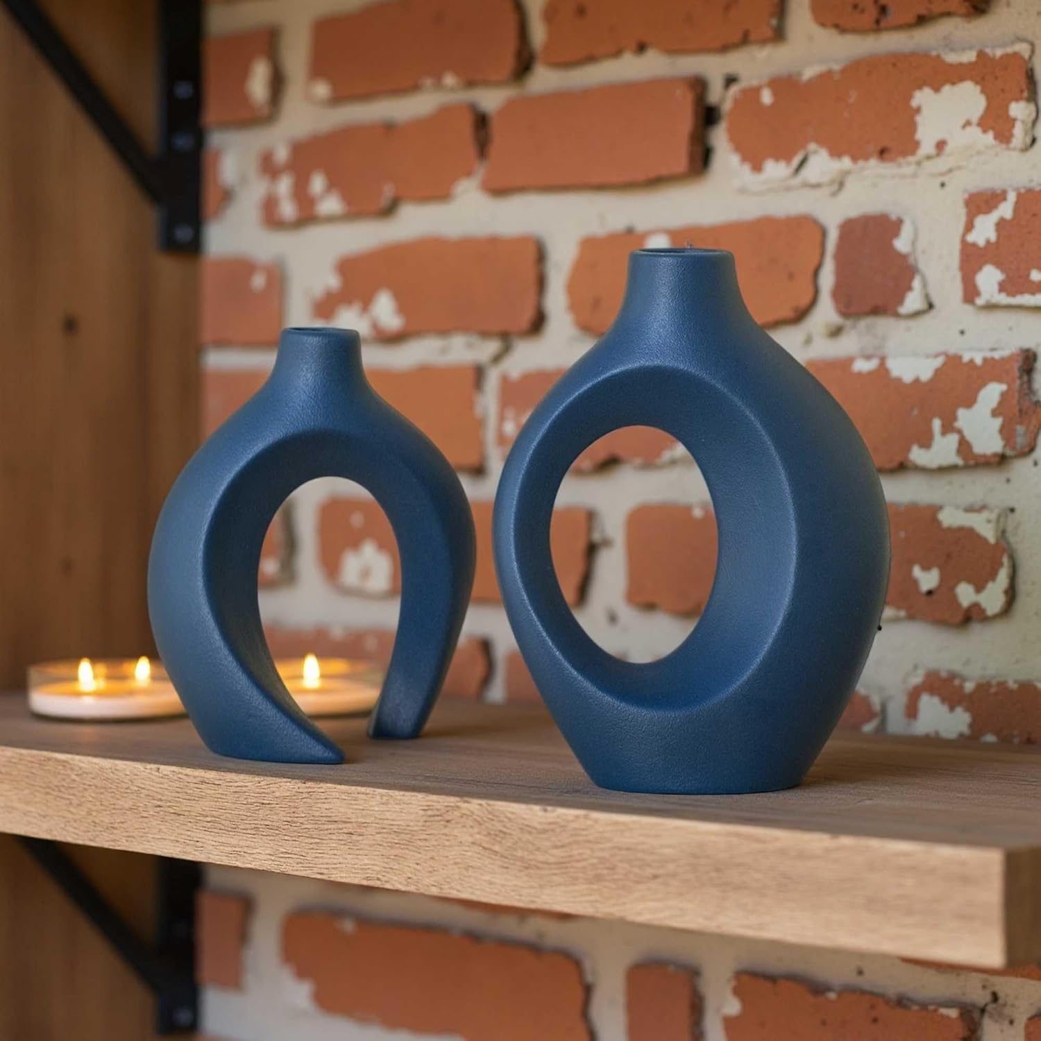 Ensemble de 2 vases en céramique, style bohème moderne nordique, vases décoratifs esthétiques en céramique pour la décoration intérieure (bleu) - 5