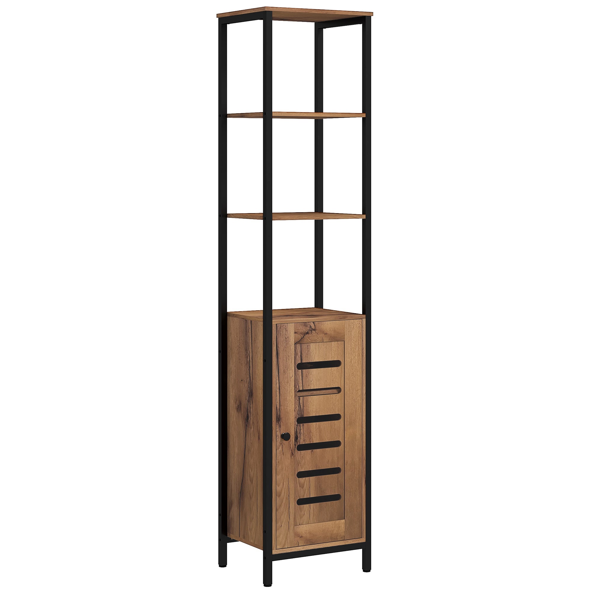 Columna baño industrial 37x30x167cm castaño rústico estantes regulables puerta lamas