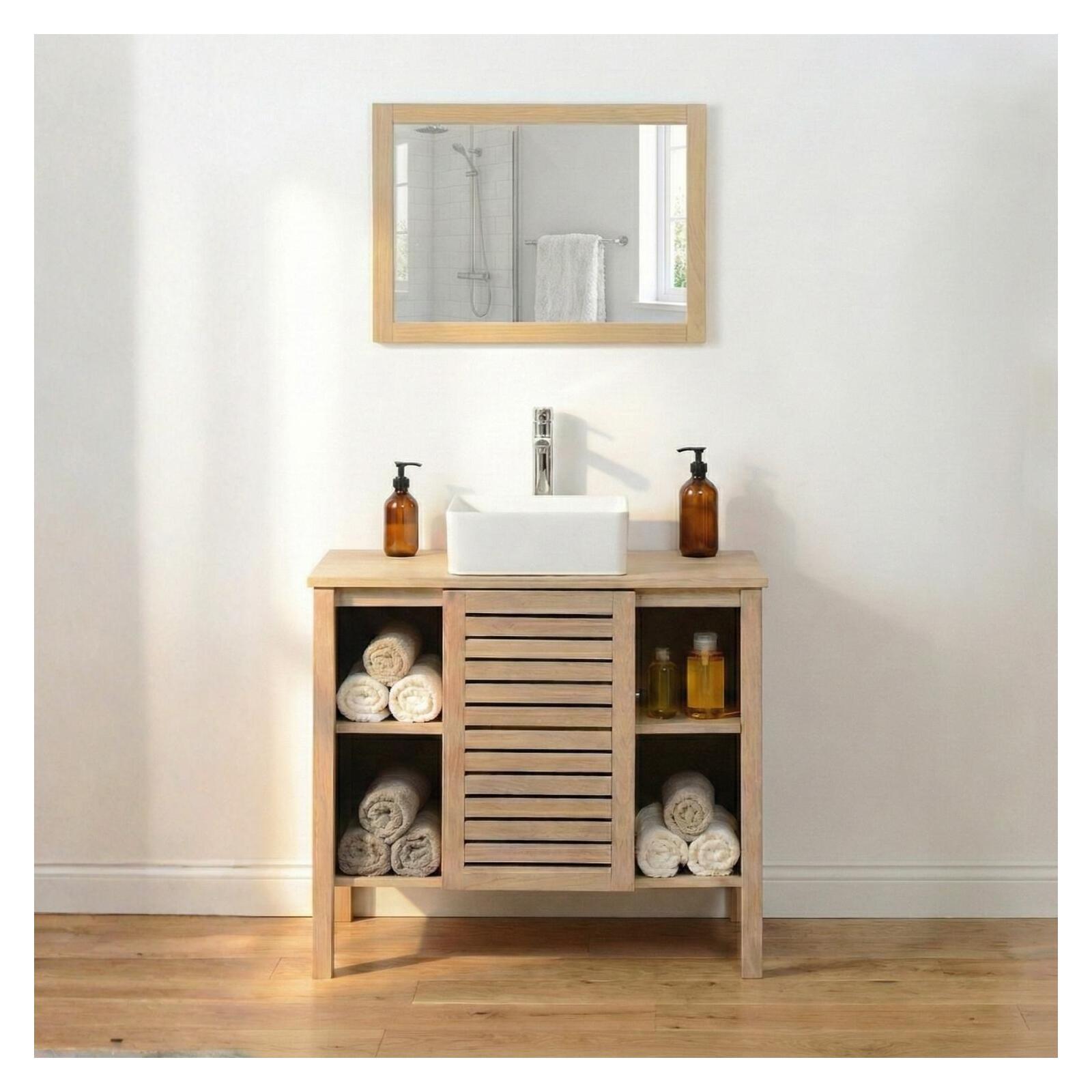 Mueble de lavabo individual con patas de roble natural de 90 cm TALIX - 6