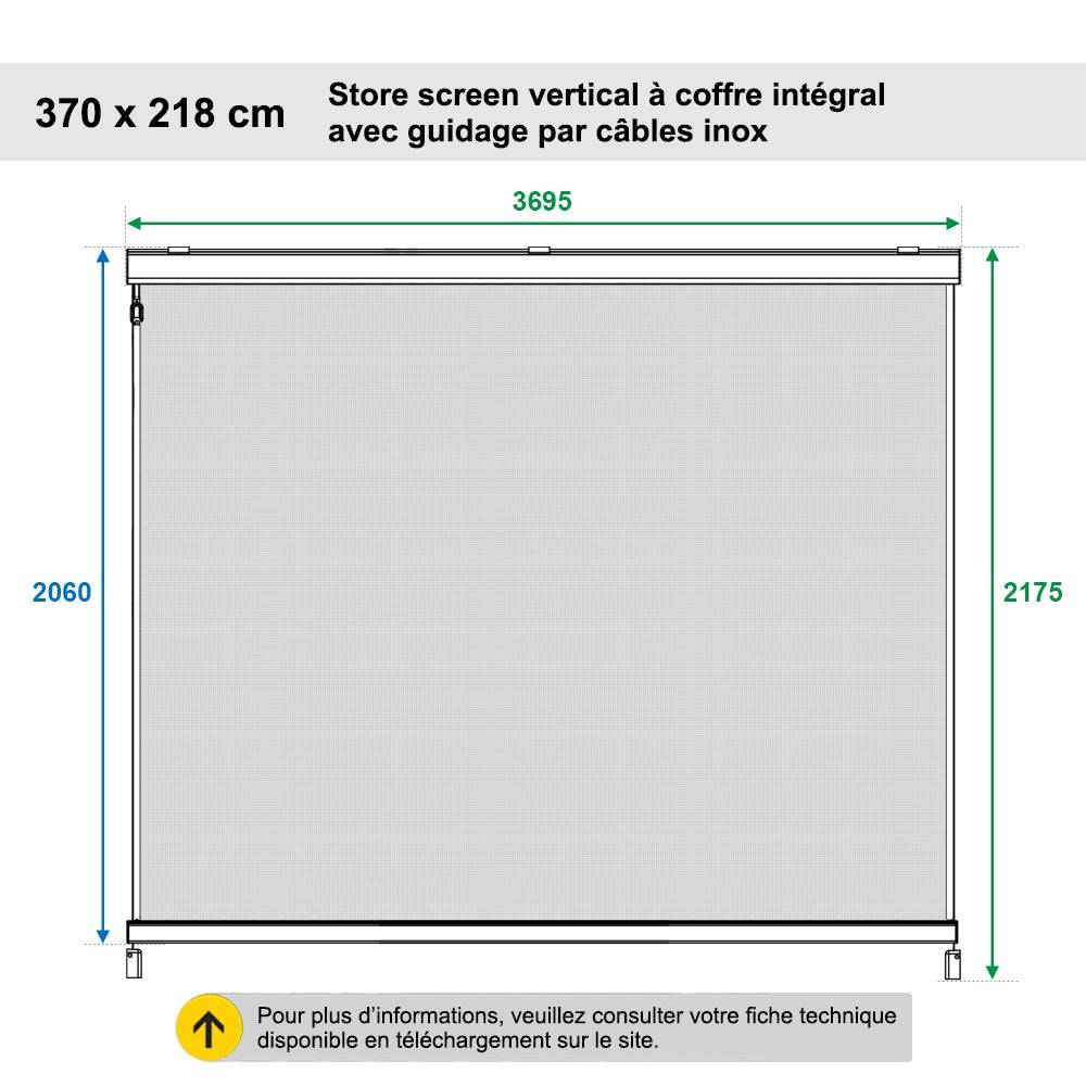Store screen vertical 370 x 218 cm coffre intégral guidage par câbles inox pour pergola ou installation seule - Anthracite - 2