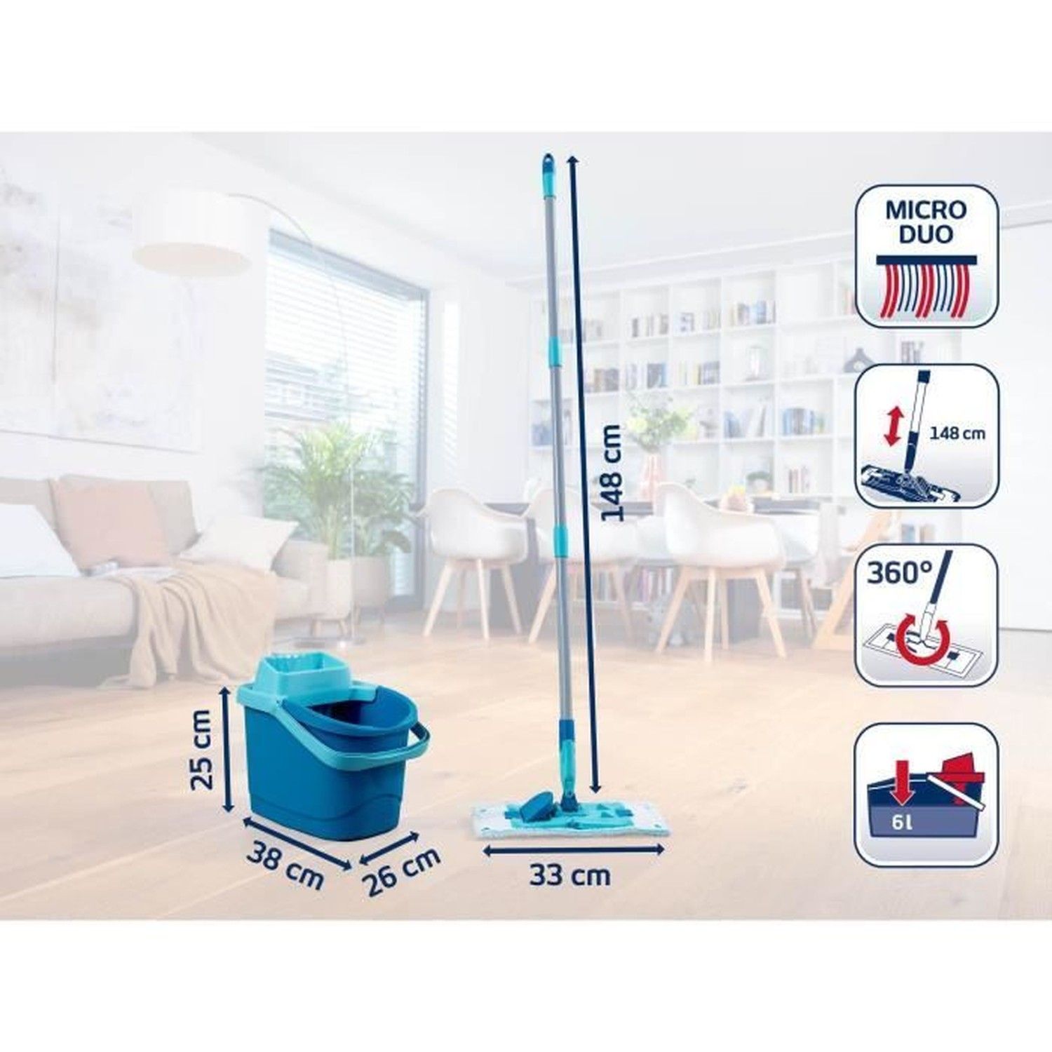 Set de nettoyage sol Power Clean 55510 Leifheit, balai serpillère seau essoreur 6 litres, balais serpillière 33 cm pratique - 6
