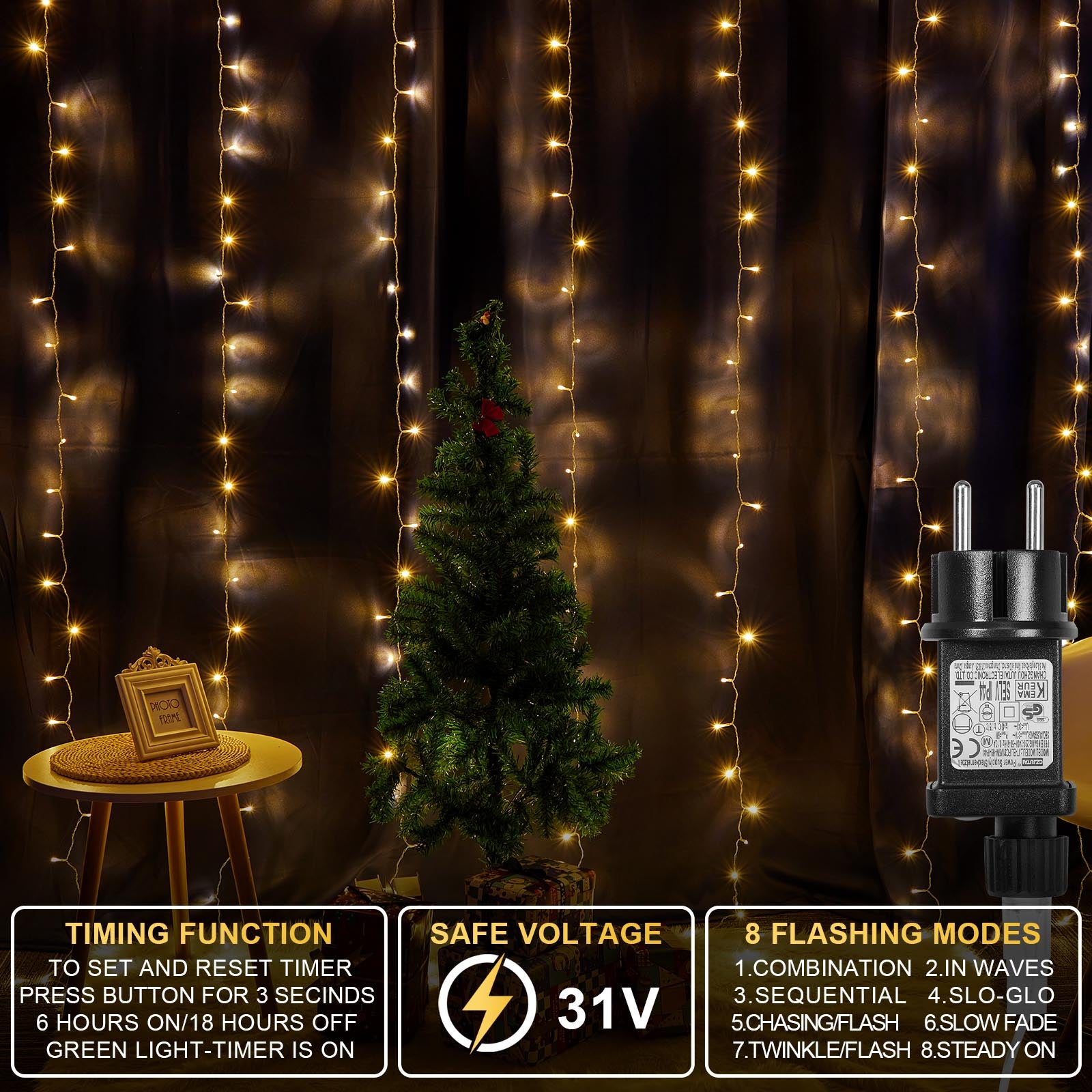 Luci per tende Catena Luminosa 3x3m, 300 LED Bianco Caldo 8 Modalità con Memoria, Timer Auto IP44, Collegabile per Interni ed Esterni 2 confezioni - 3