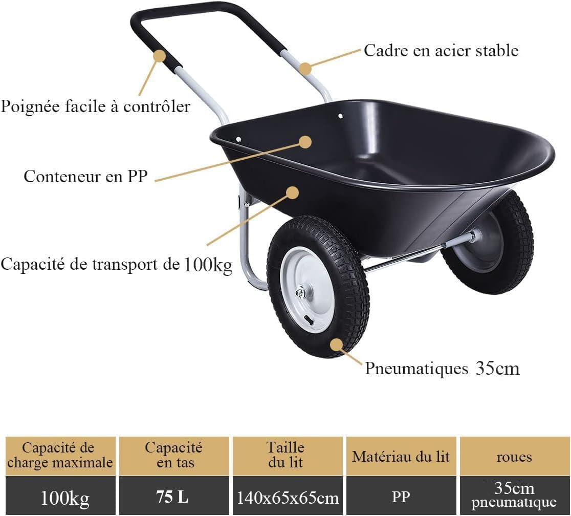 Brouette Jardin à 2 Roues pour Jardinage Chariot de Jardin Utilitaire en PP,Chariot de Jardin à Main,Remorque Brouette 2 Roues,Charrette à Bras - 5